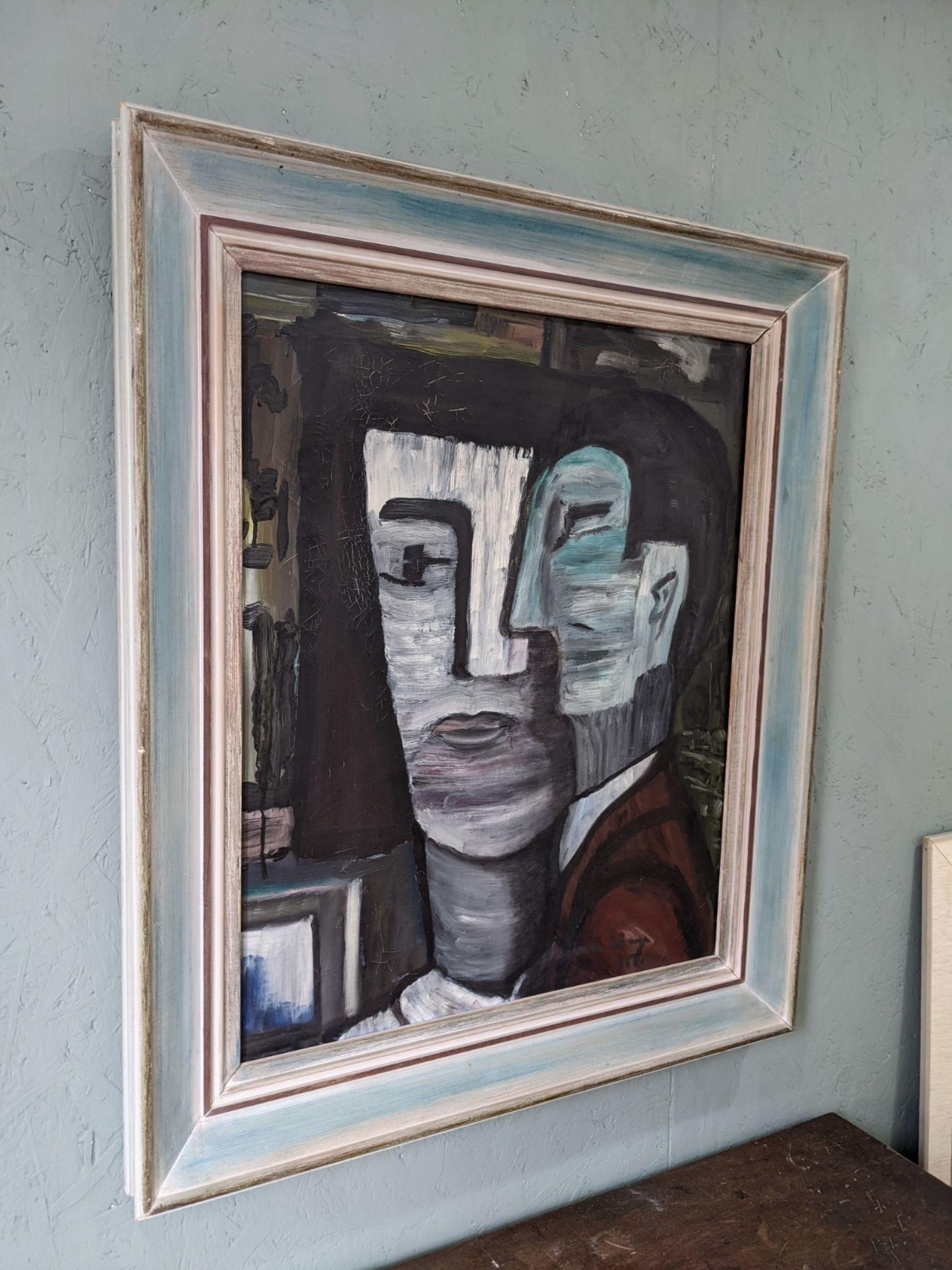 Vintage Mid-Century Swedish Portrait Oil Painting - Cubist Figures, Framed 1