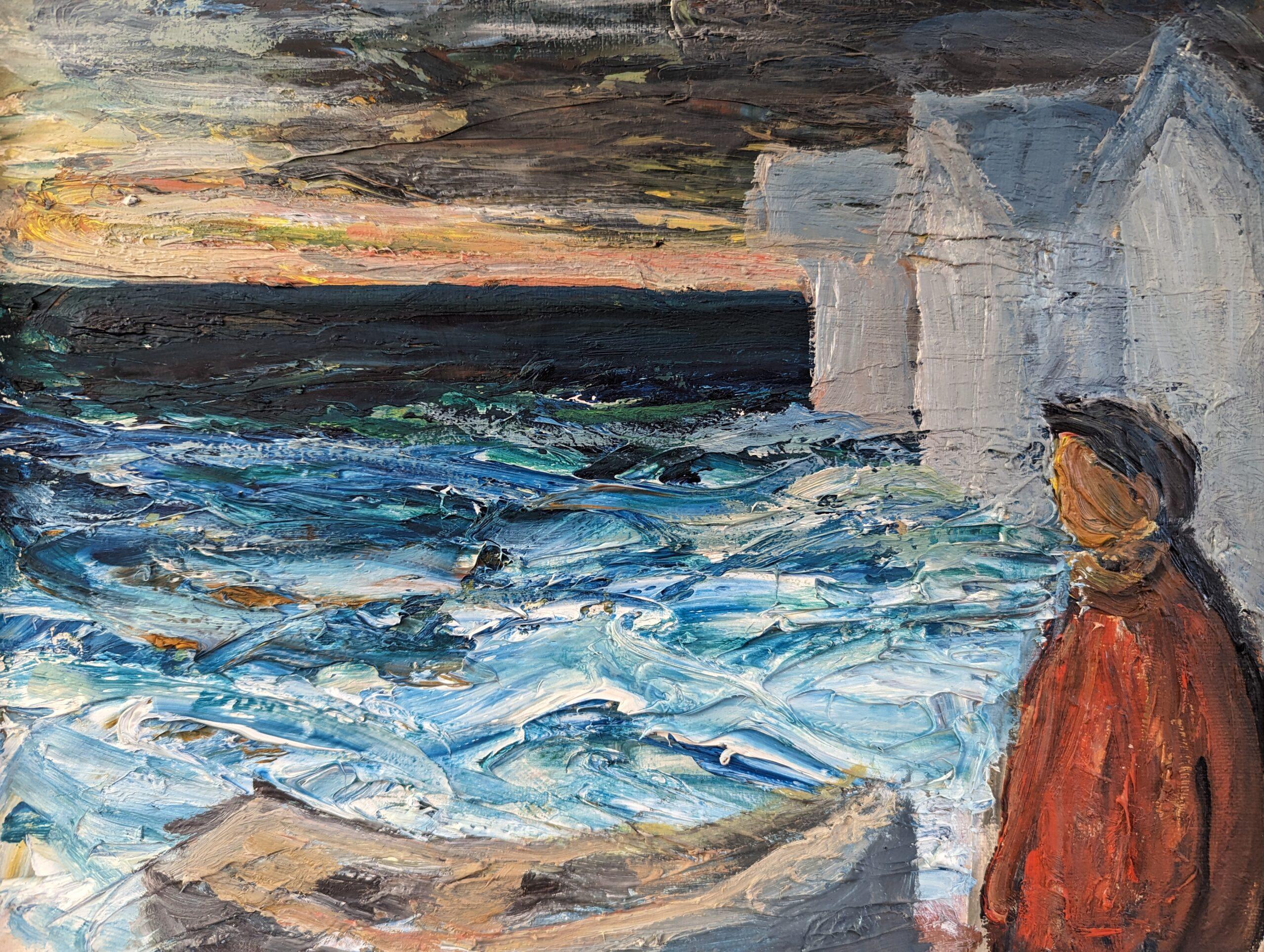 Pittura ad olio svedese d'epoca di metà secolo con paesaggio marino - Pensieri dalle onde 5