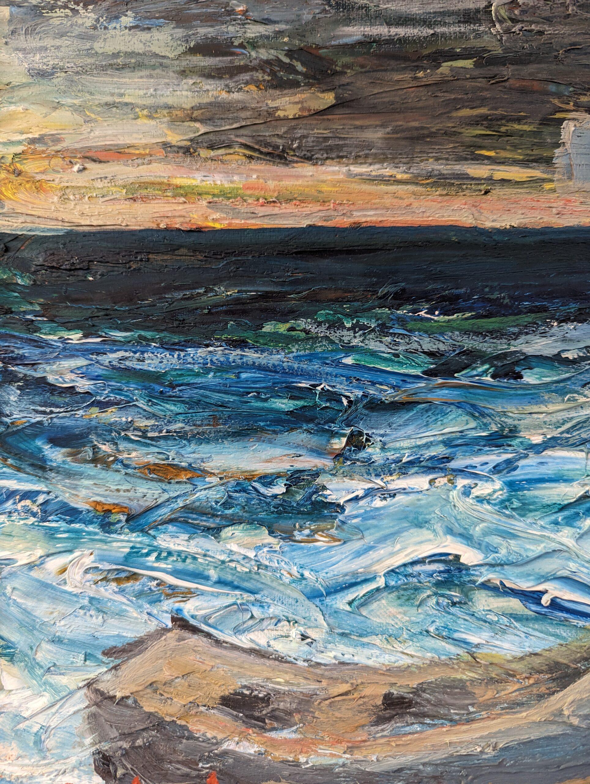 Pittura ad olio svedese d'epoca di metà secolo con paesaggio marino - Pensieri dalle onde 6