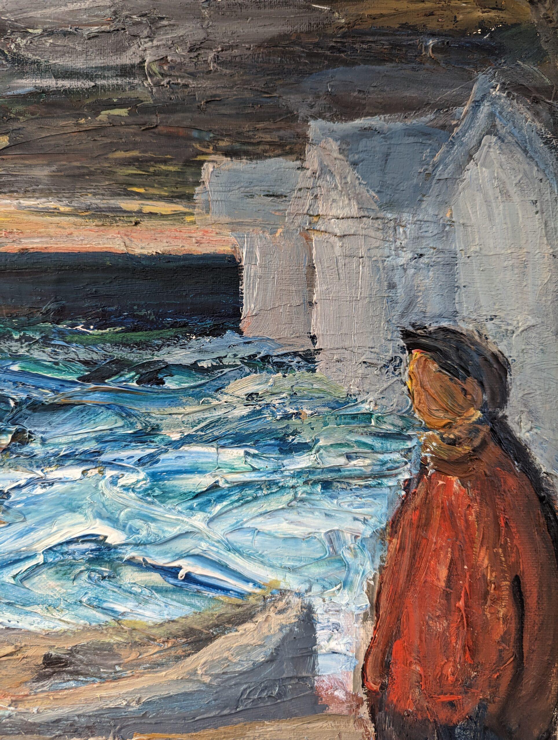 Pittura ad olio svedese d'epoca di metà secolo con paesaggio marino - Pensieri dalle onde 7