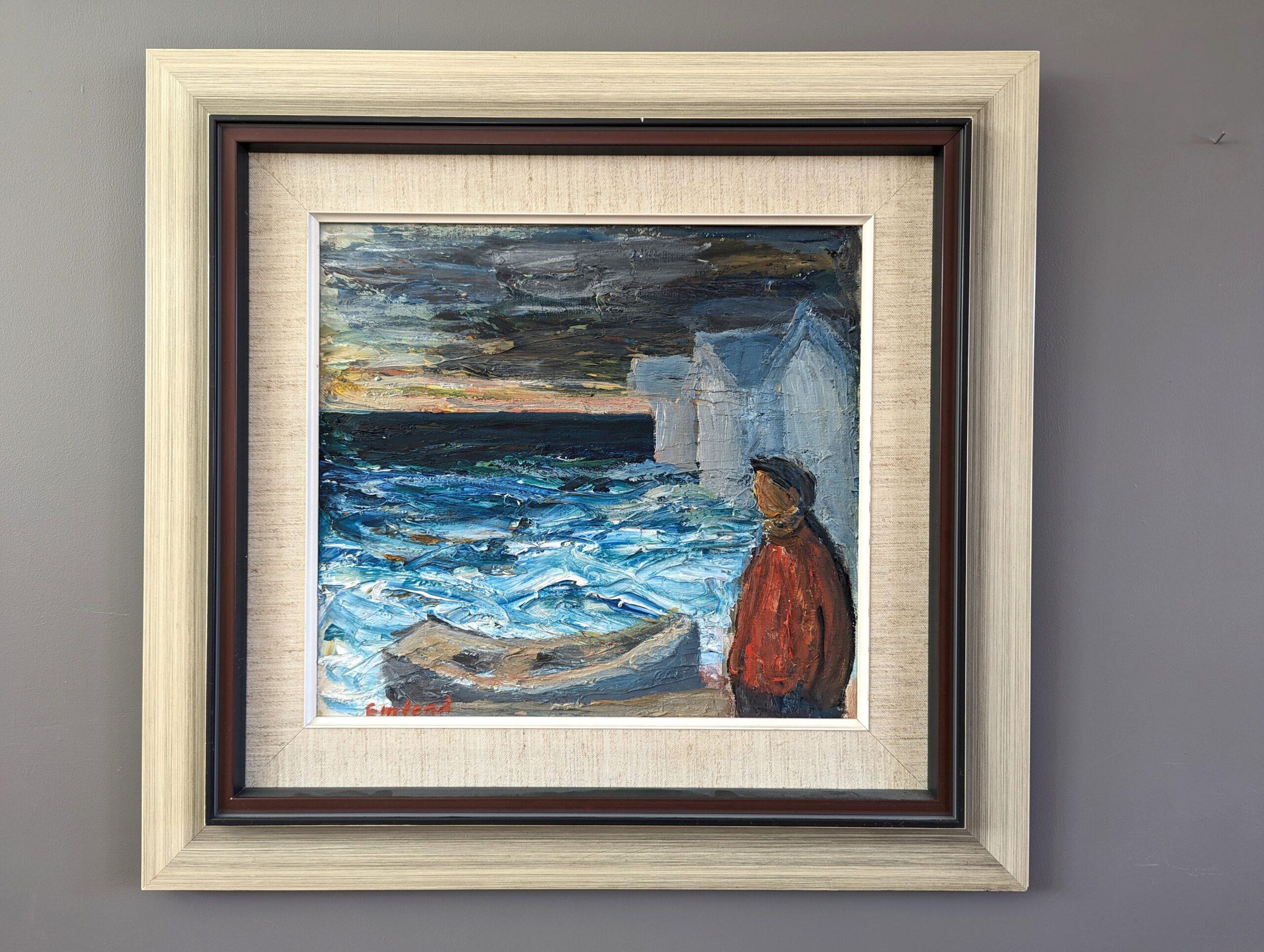 THOUGHTS BY THE SEA
Size: 53 x 56 cm (including frame)
Oil on Canvas

An expressive and beautifully textured mid-century seascape composition, painted in oil onto canvas.

Executed in rich colours and confident brushstrokes, this artwork depicts a