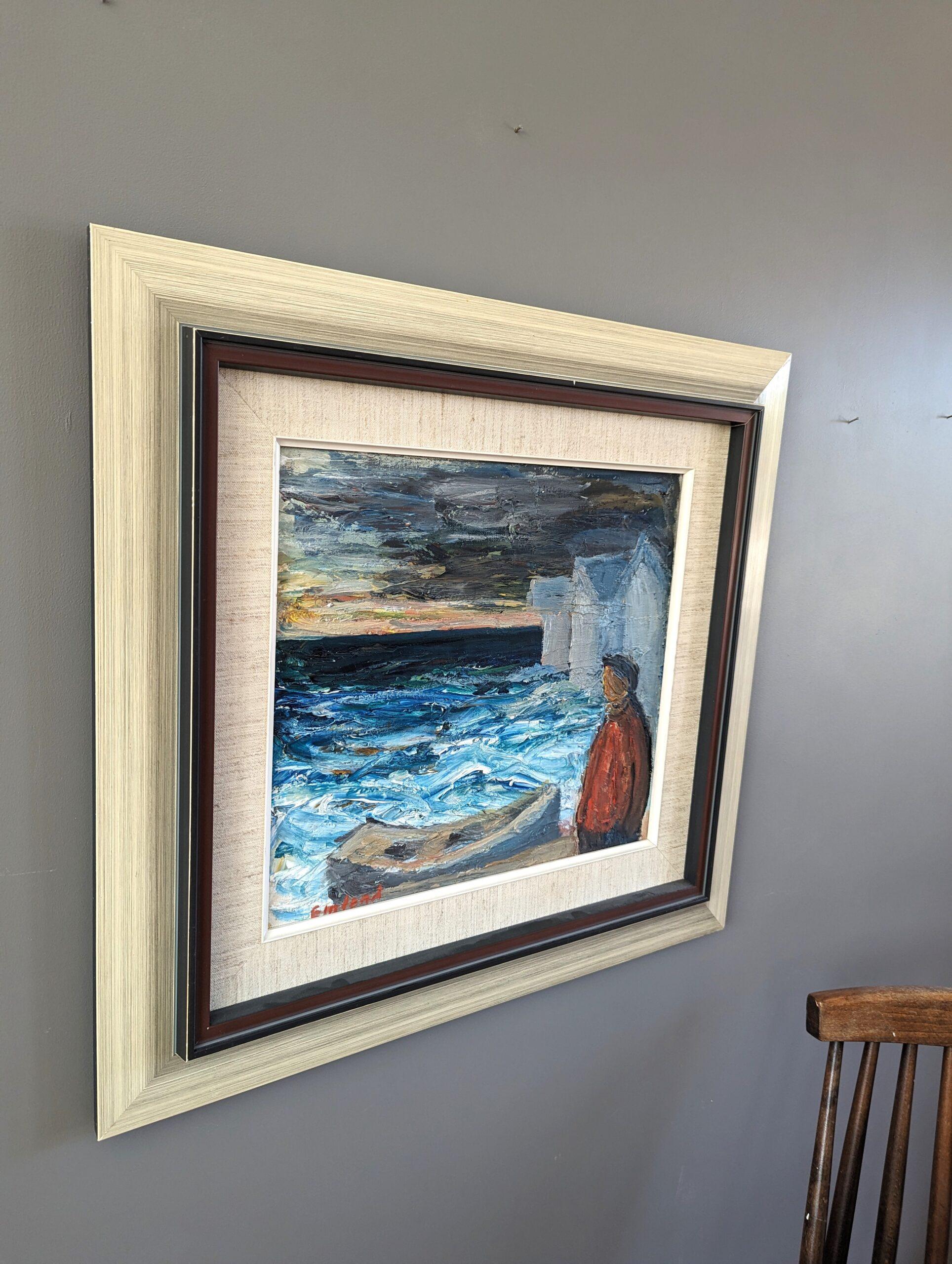 Pittura ad olio svedese d'epoca di metà secolo con paesaggio marino - Pensieri dalle onde - Landscape Painting Grigio di Unknown
