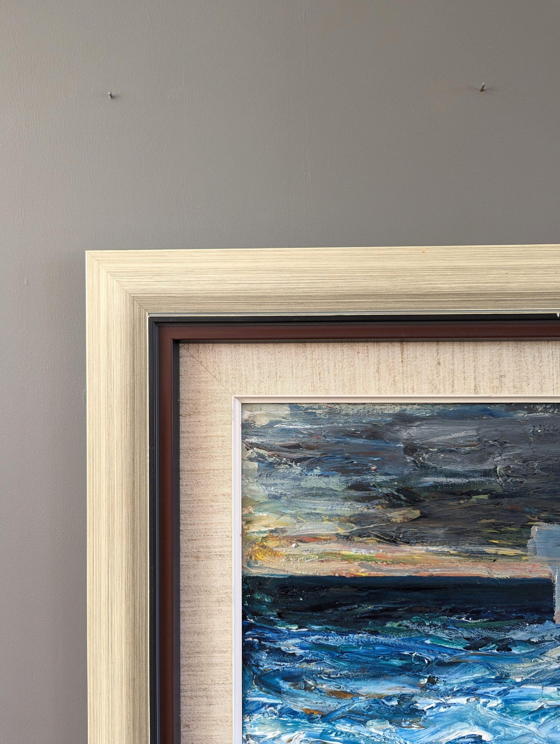 Pittura ad olio svedese d'epoca di metà secolo con paesaggio marino - Pensieri dalle onde 1