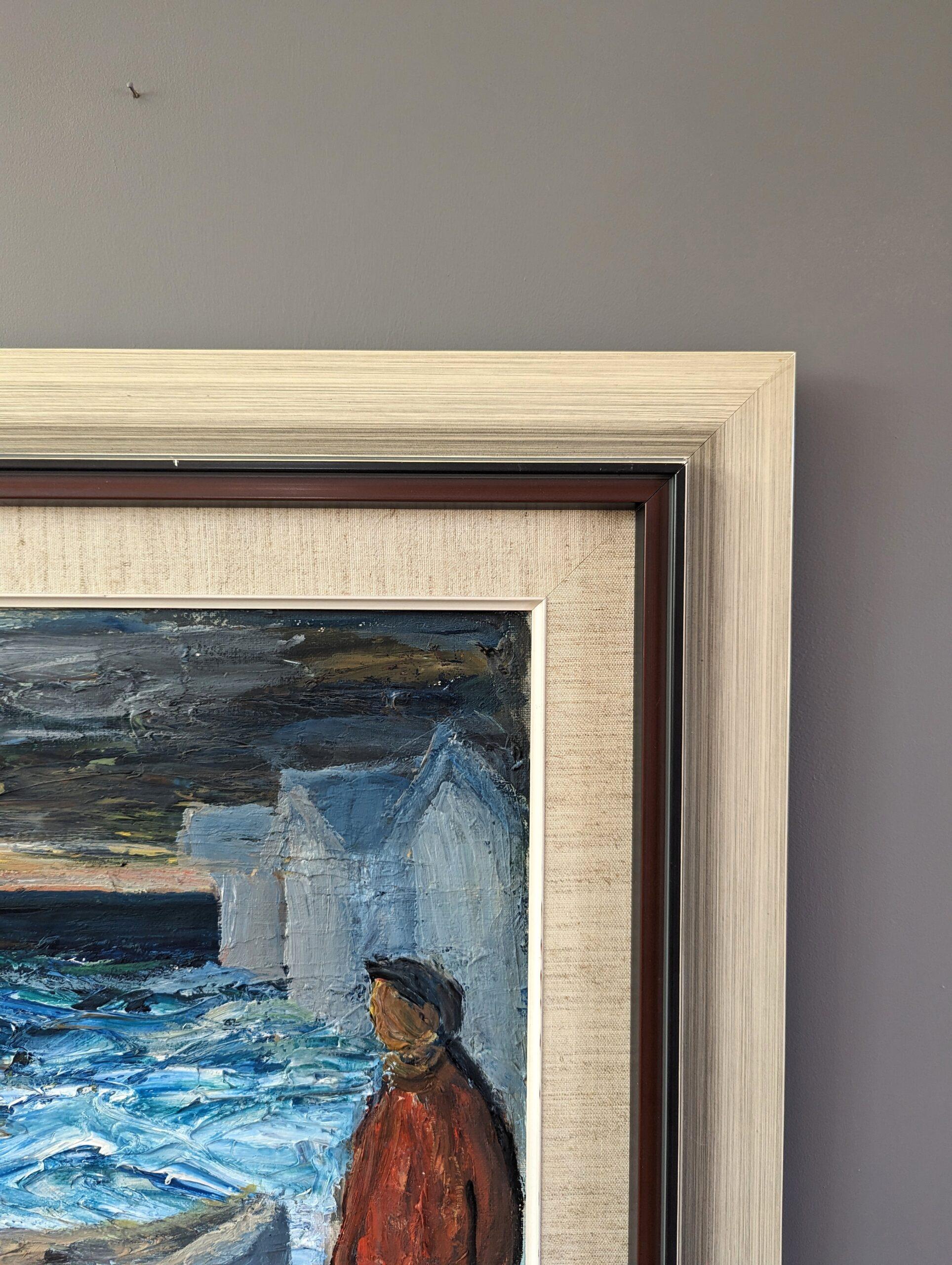 Pittura ad olio svedese d'epoca di metà secolo con paesaggio marino - Pensieri dalle onde 2