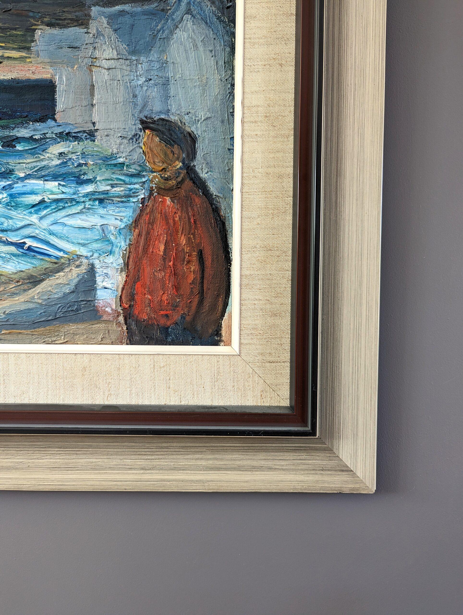Pittura ad olio svedese d'epoca di metà secolo con paesaggio marino - Pensieri dalle onde 3