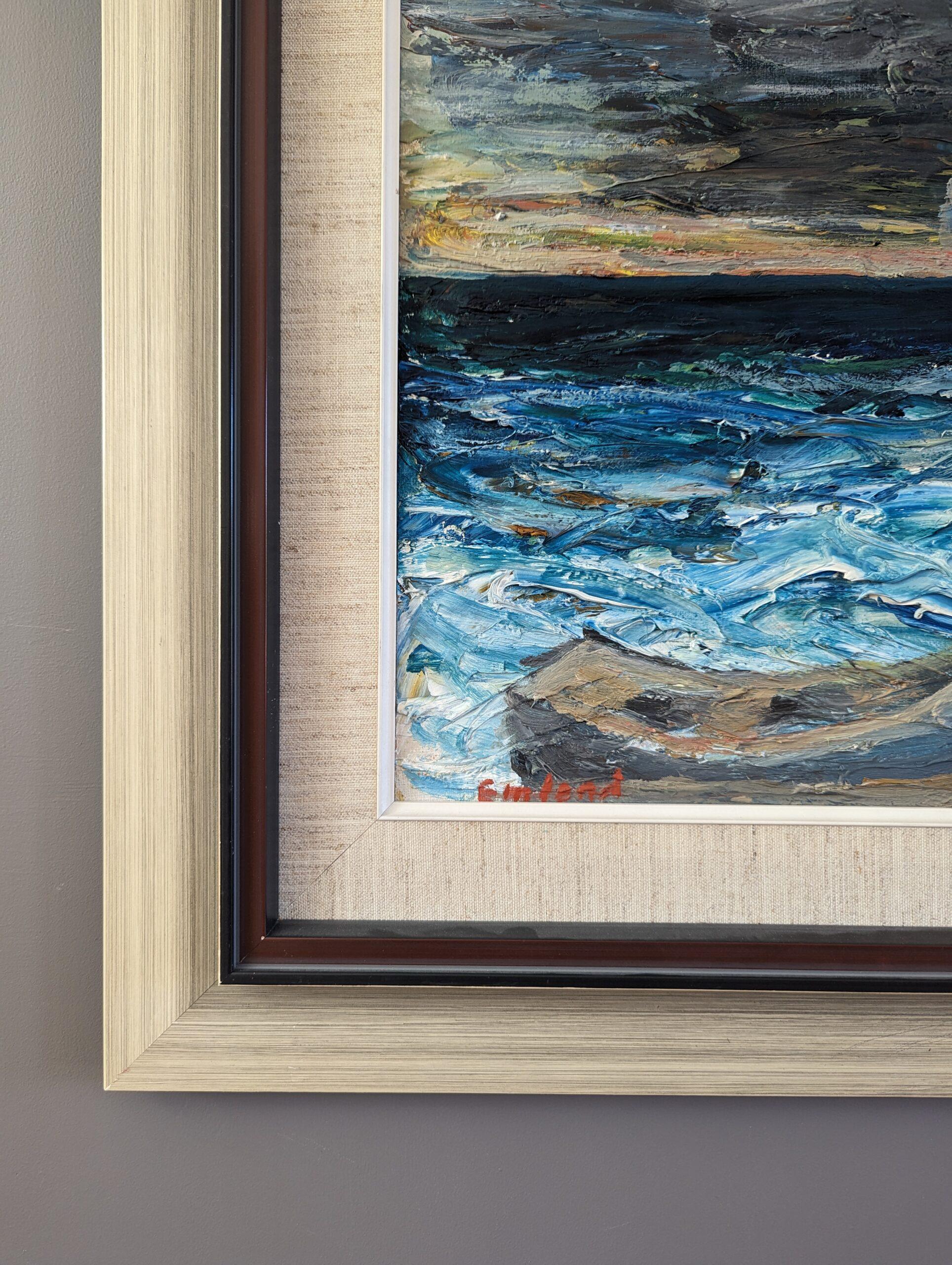 Pittura ad olio svedese d'epoca di metà secolo con paesaggio marino - Pensieri dalle onde 4