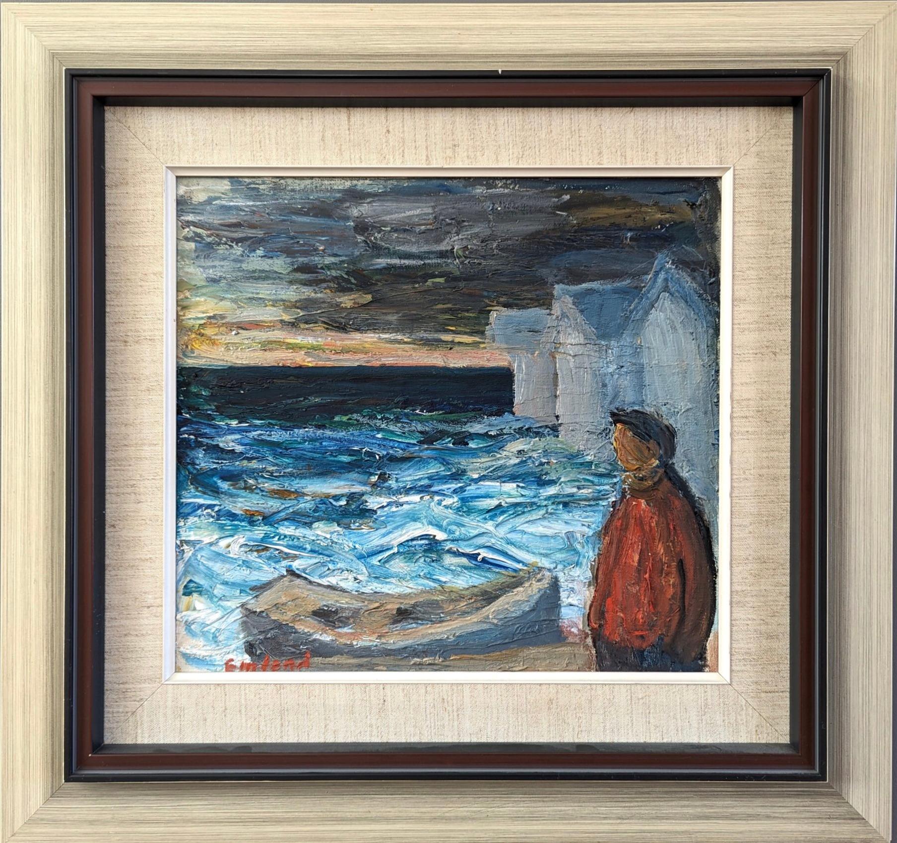 Unknown Landscape Painting - Vintage Mid-Century Swedish Seascape Oil Painting - Thoughts by the Waves
