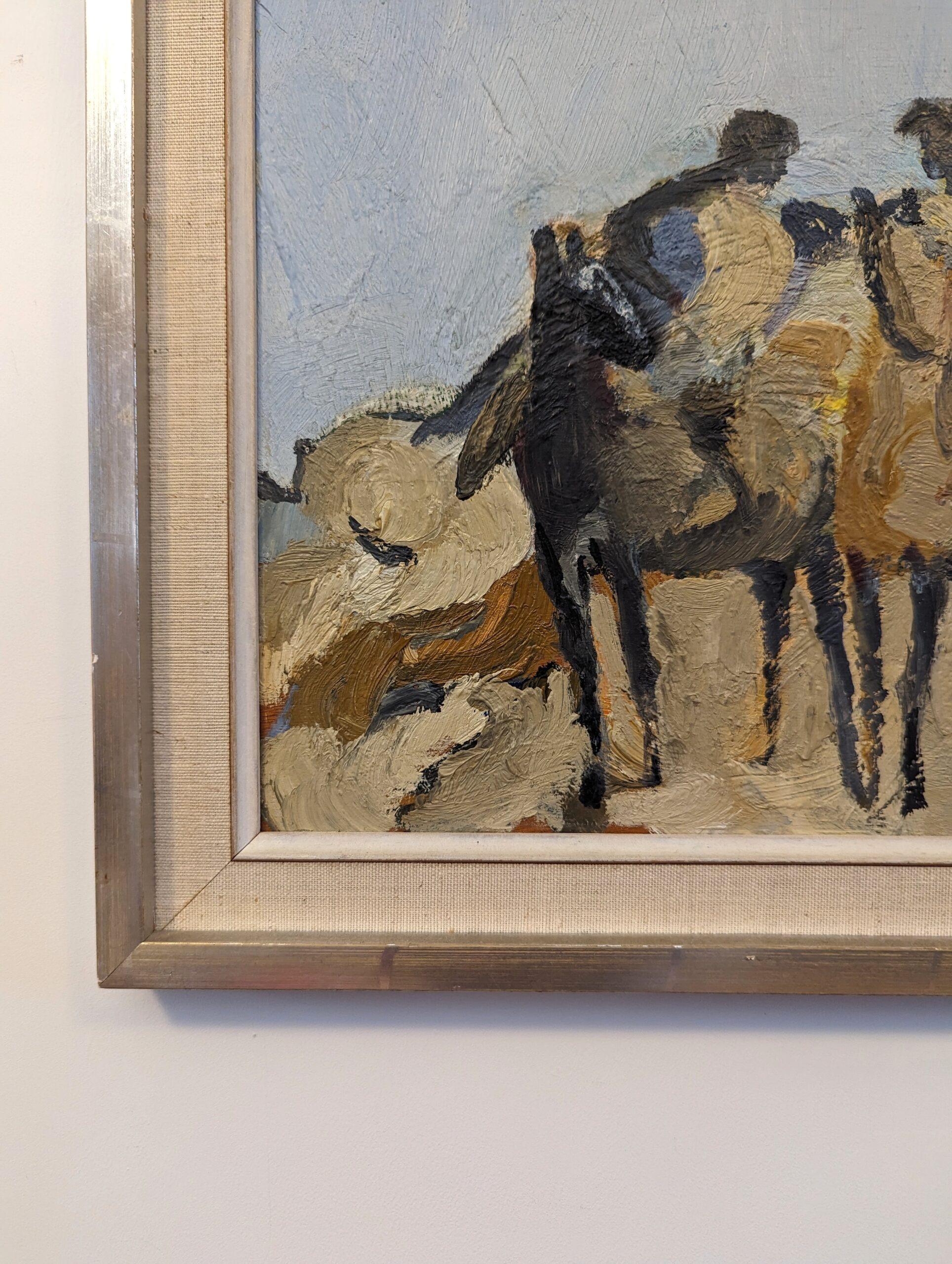 Vintage Mid-Century Swedish Semi-Abstract Framed Oil Painting - Horse Riders 2