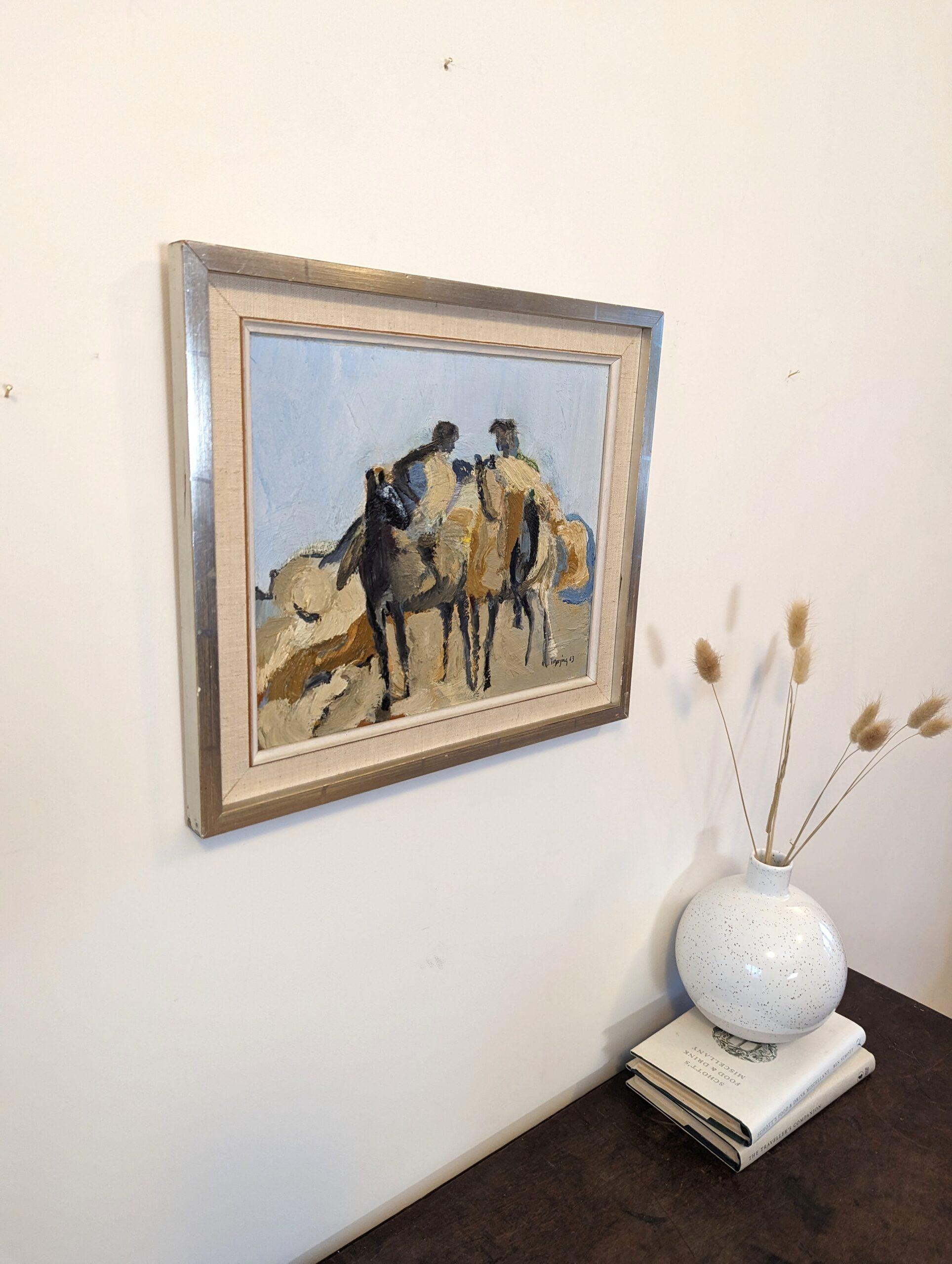 Vintage Mid-Century Swedish Semi-Abstract Framed Oil Painting - Horse Riders 4