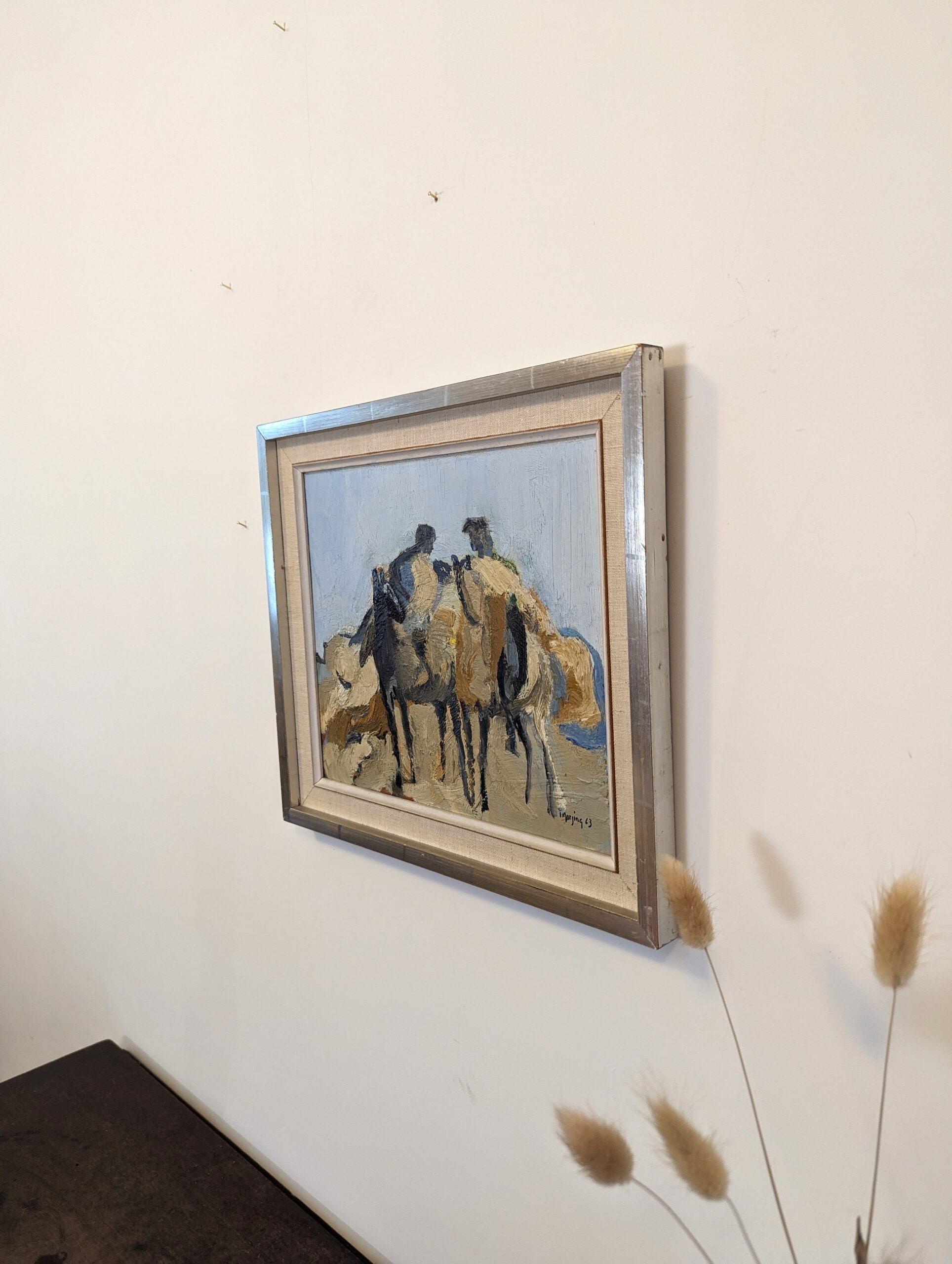 Vintage Mid-Century Swedish Semi-Abstract Framed Oil Painting - Horse Riders 5