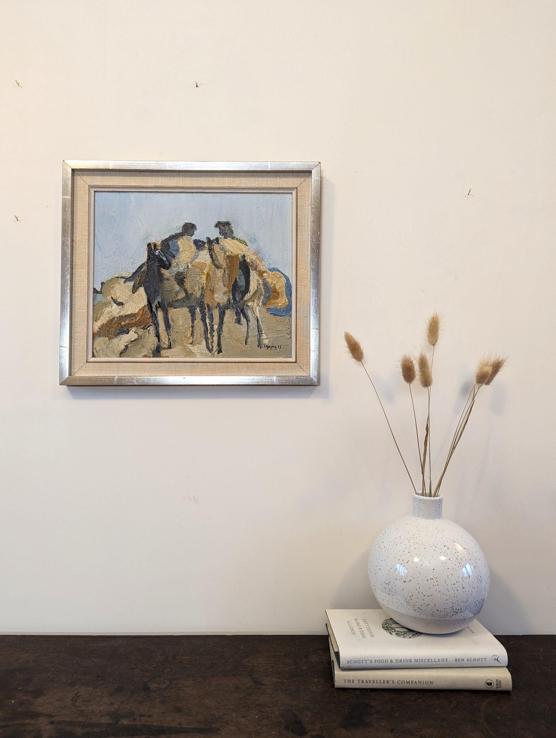 Vintage Mid-Century Swedish Semi-Abstract Framed Oil Painting - Horse Riders 6