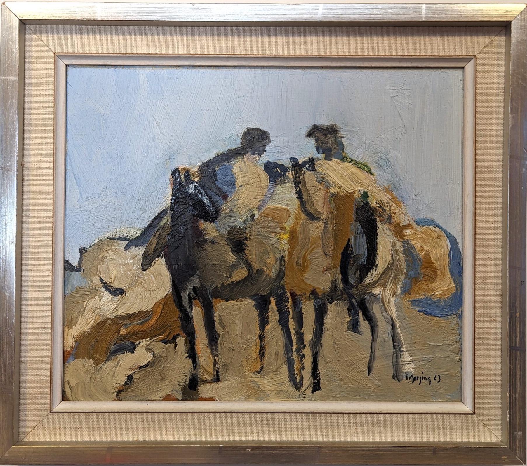 Unknown Figurative Painting - Vintage Mid-Century Swedish Semi-Abstract Framed Oil Painting - Horse Riders
