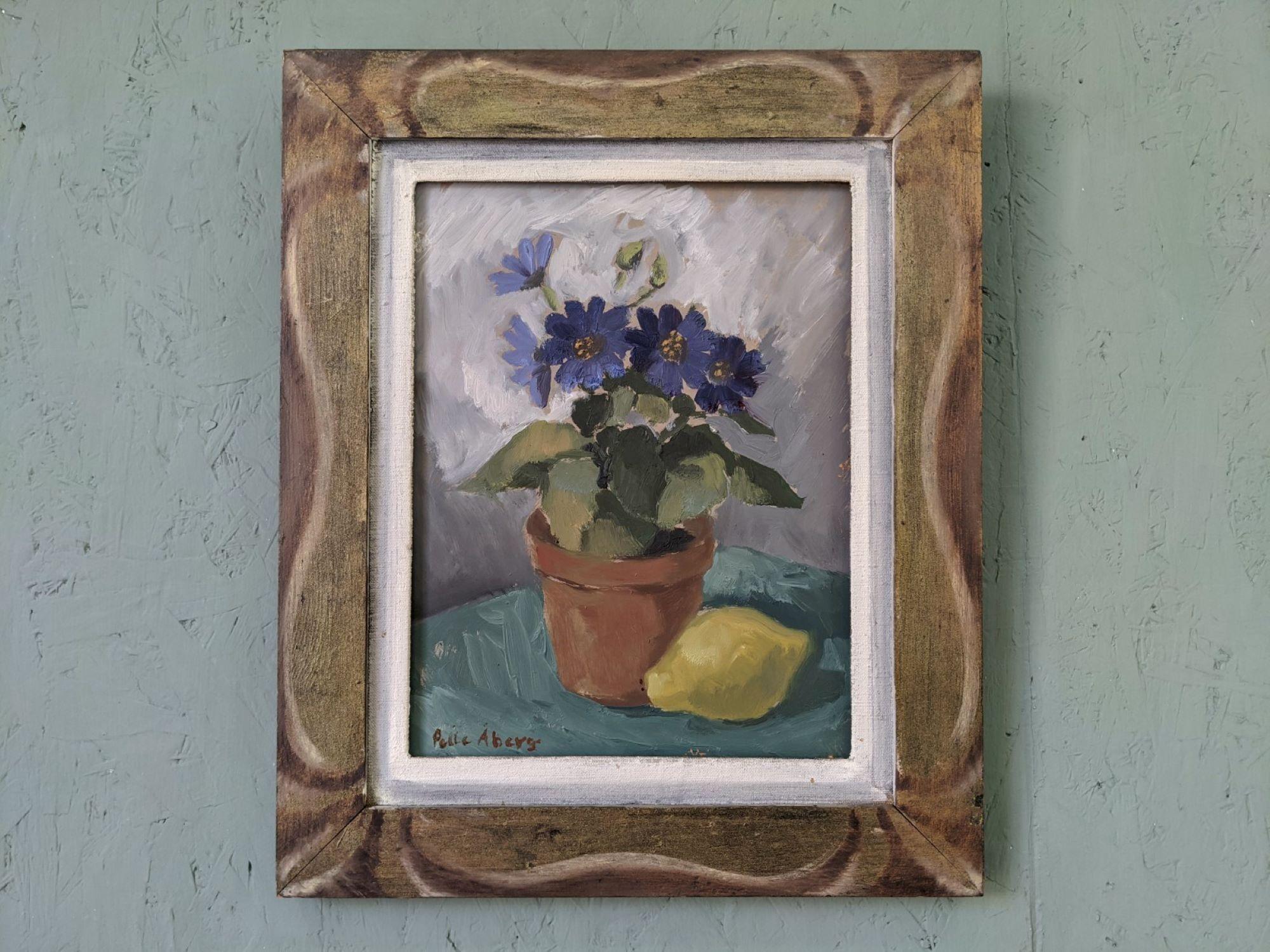 Vintage Mid-Century Swedish Still Life Framed Oil Painting - Purple Flowers - Gray Still-Life Painting by Unknown