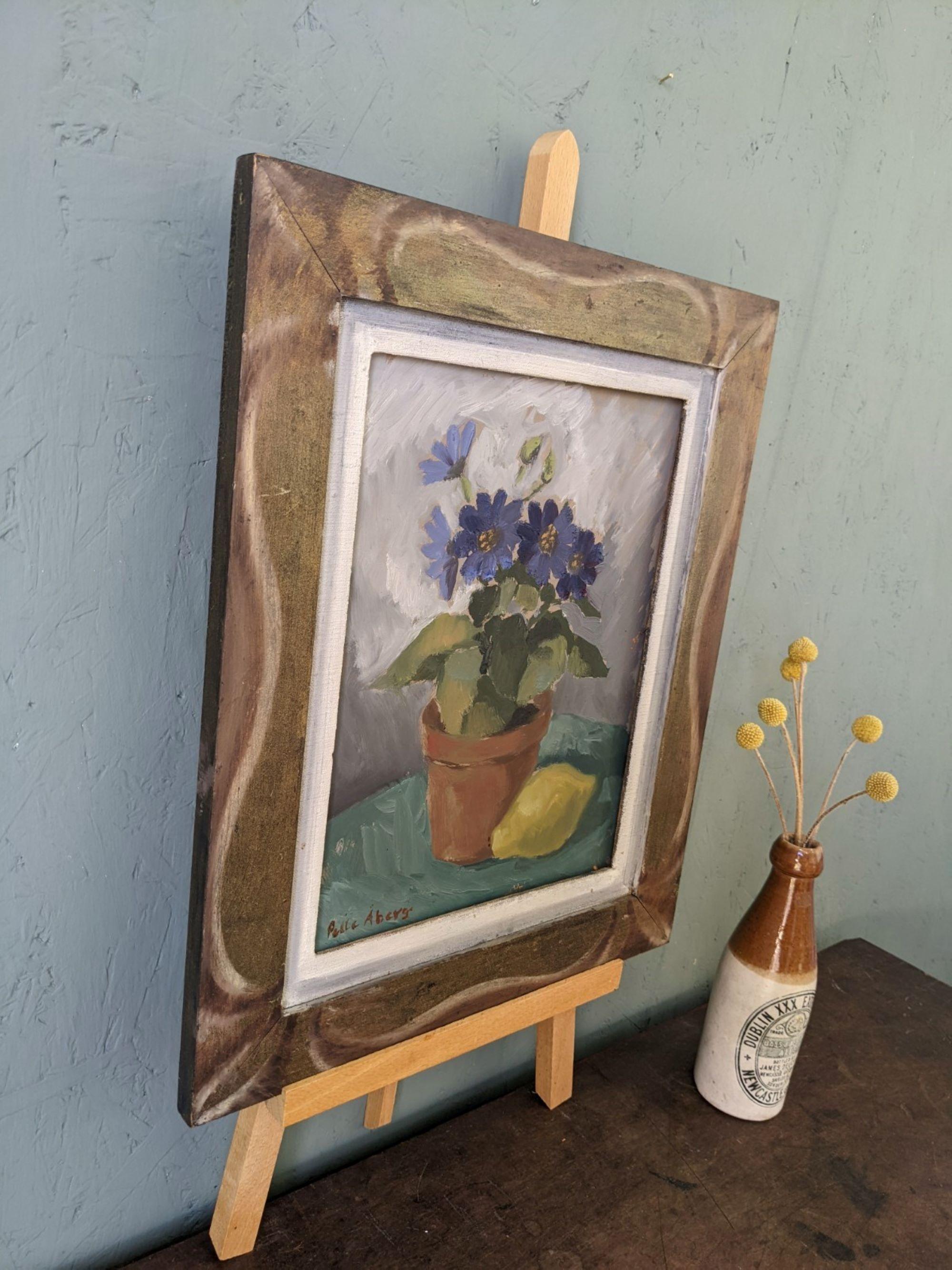 Vintage Mid-Century Swedish Still Life Framed Oil Painting - Purple Flowers 1