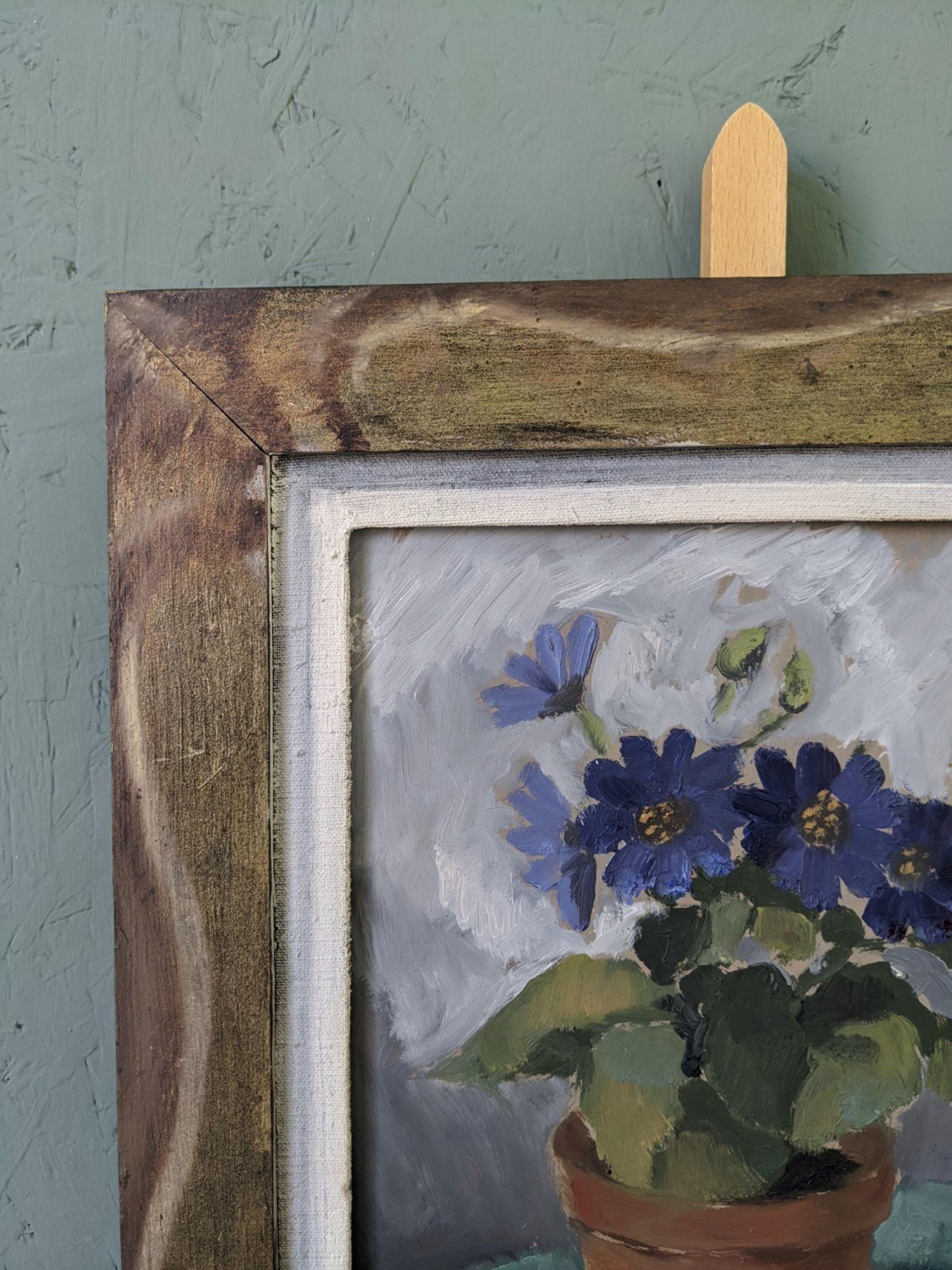 Vintage Mid-Century Swedish Still Life Framed Oil Painting - Purple Flowers 2