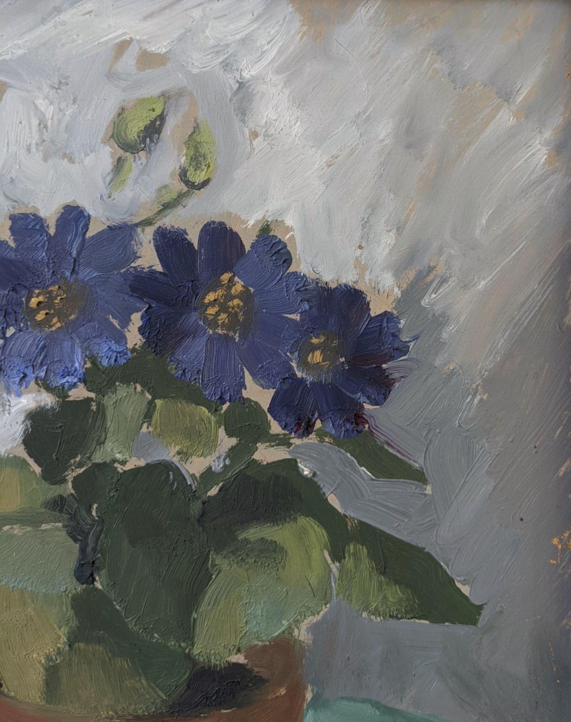 Vintage Mid-Century Swedish Still Life Framed Oil Painting - Purple Flowers 6