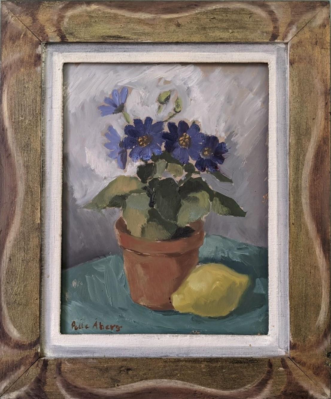 Unknown Still-Life Painting - Vintage Mid-Century Swedish Still Life Framed Oil Painting - Purple Flowers