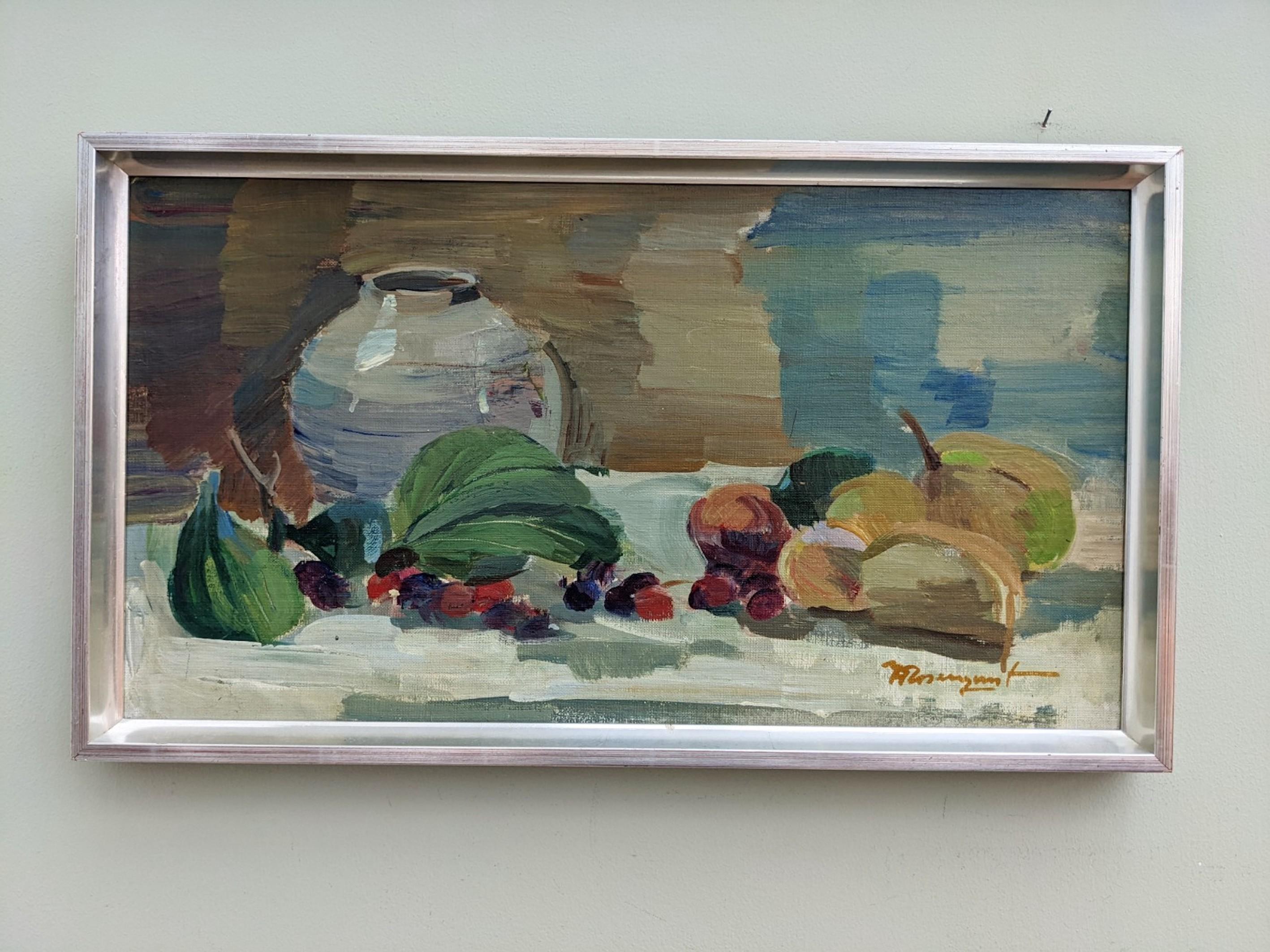 VESSEL & FRUIT
Size: 32 x 56 cm (including frame)
Oil on board

A rather skilfully executed mid century still life in oil, painted onto board.

Here we have a very balanced and visually pleasing composition of a vessel with fruit in front of it,