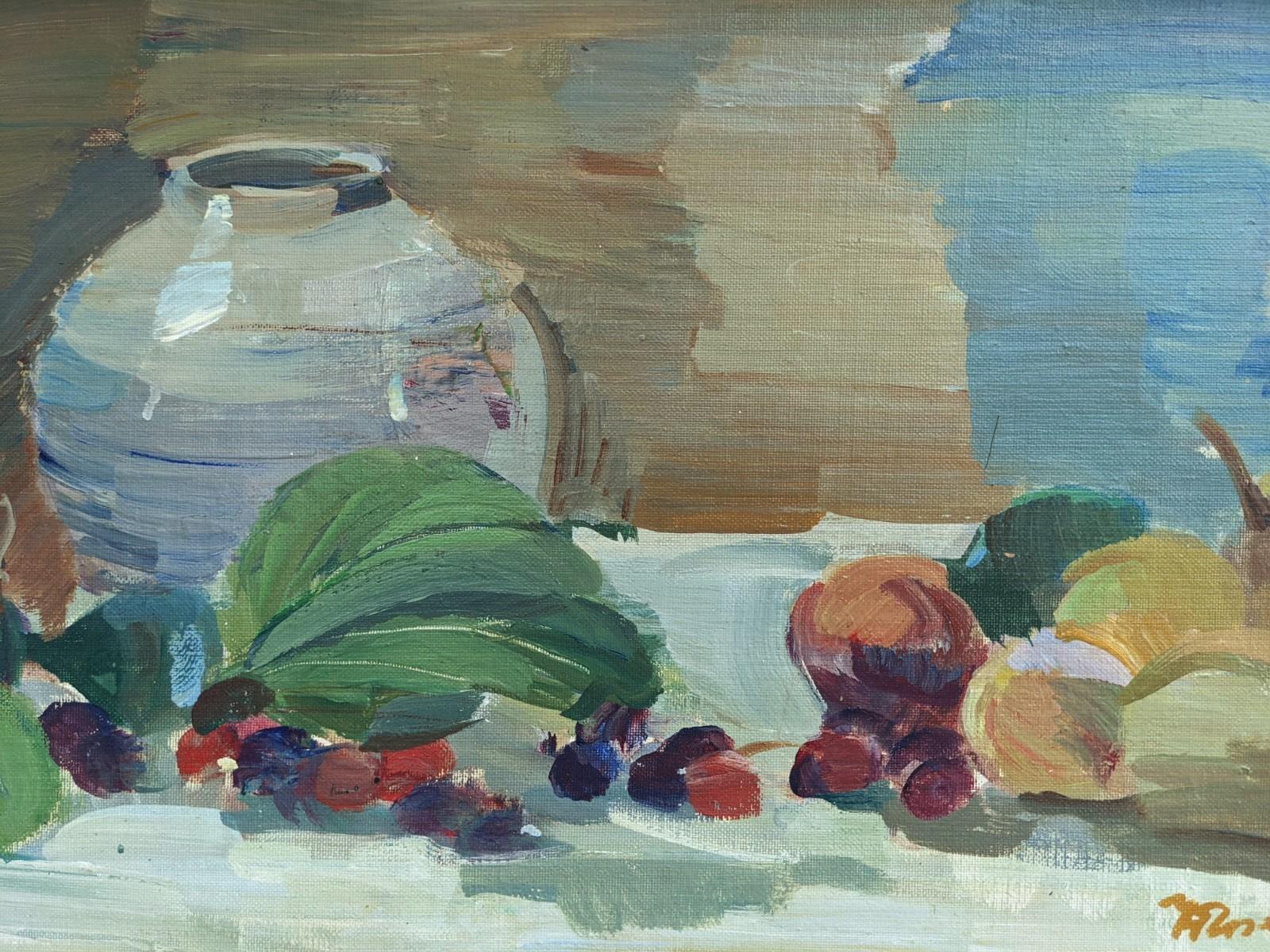 Vintage Mid-Century Swedish Still Life Framed Oil Painting - Vessel & Fruit 1