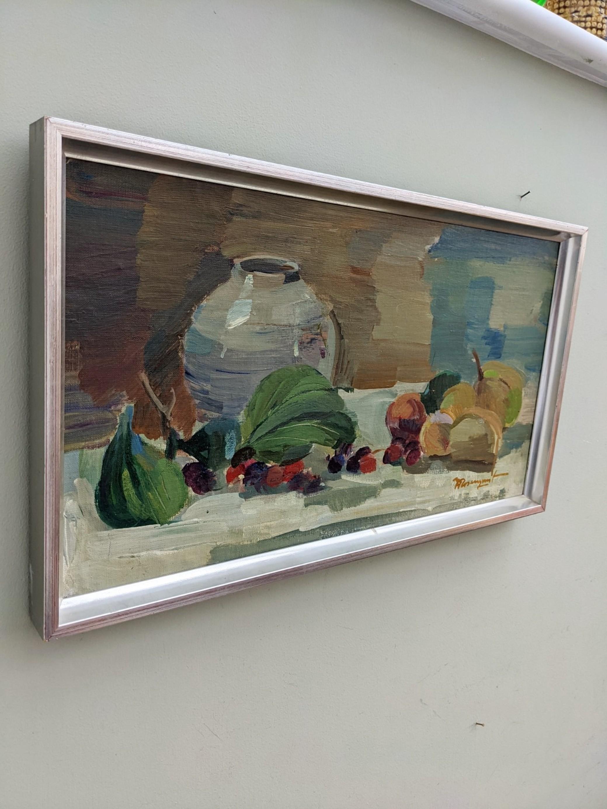 Vintage Mid-Century Swedish Still Life Framed Oil Painting - Vessel & Fruit 5