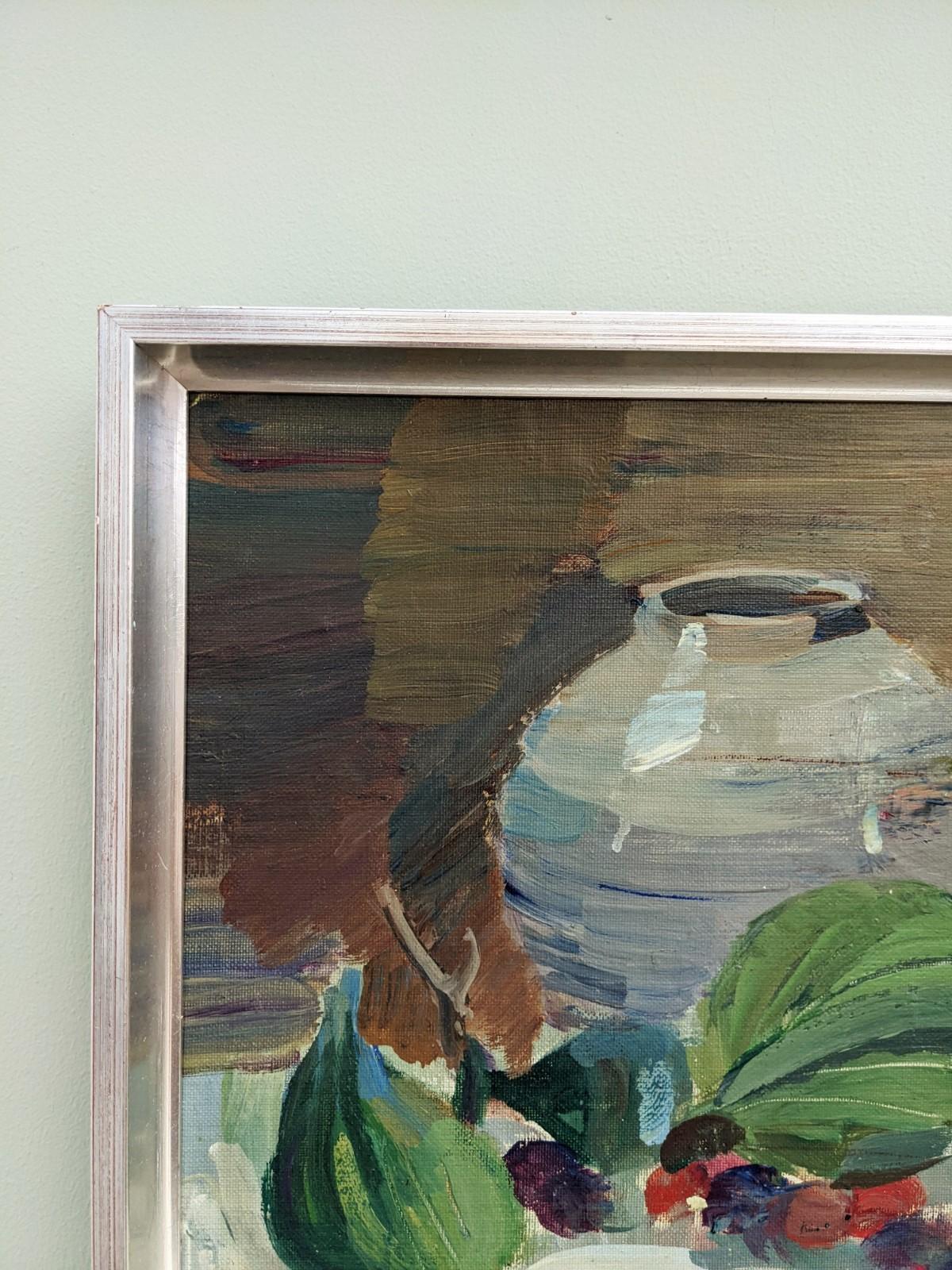 Vintage Mid-Century Swedish Still Life Framed Oil Painting - Vessel & Fruit 6