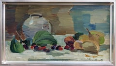Vintage Mid-Century Swedish Still Life Framed Oil Painting - Vessel & Fruit