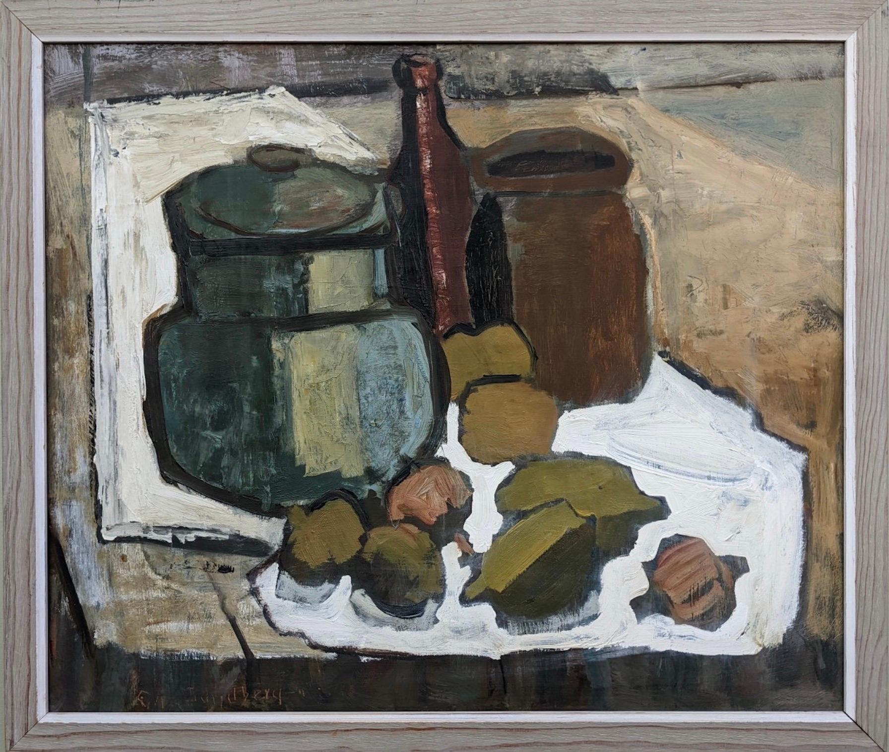 Unknown Still-Life Painting - Vintage Mid Century Swedish Still Life Oil Painting, Framed - Earthenware