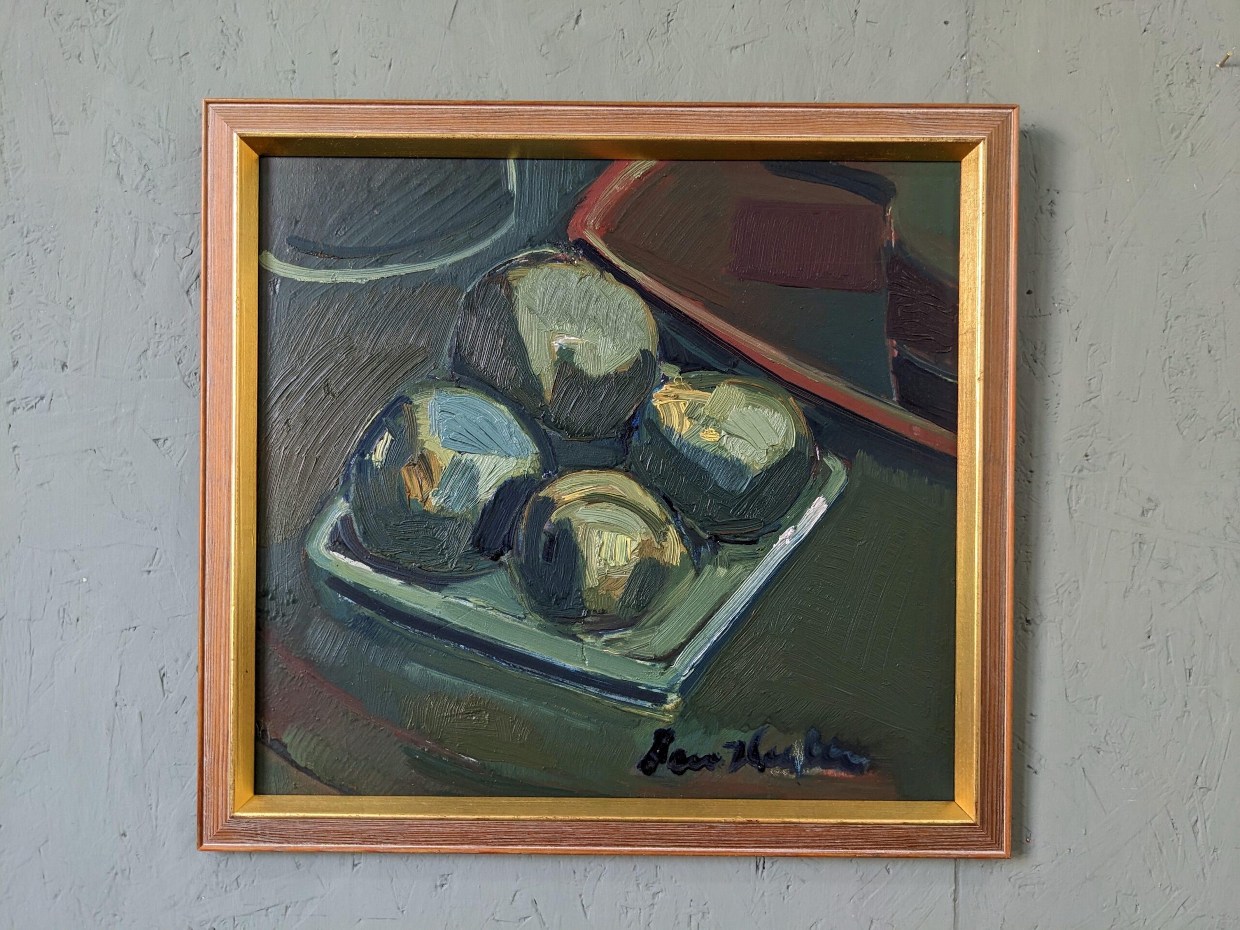 GREEN APPLES
Size:  39.5 x 43 cm (including frame)
Oil on Board

An expressive and beautifully textured mid-century still life oil composition, that revolves around a plate of 4 green apples resting on a dark green tabletop.

The artist has