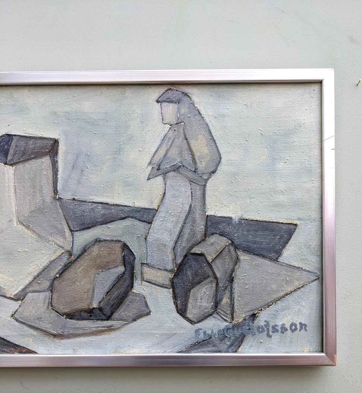 MONOCHROMA
Size: 38 x 64 cm (including frame)
Oil on Canvas

A fascinating mid century modernist still life composition, executed in oil onto canvas.

Working with a restrained monochrome palette and with painterly expressive brushstrokes, the