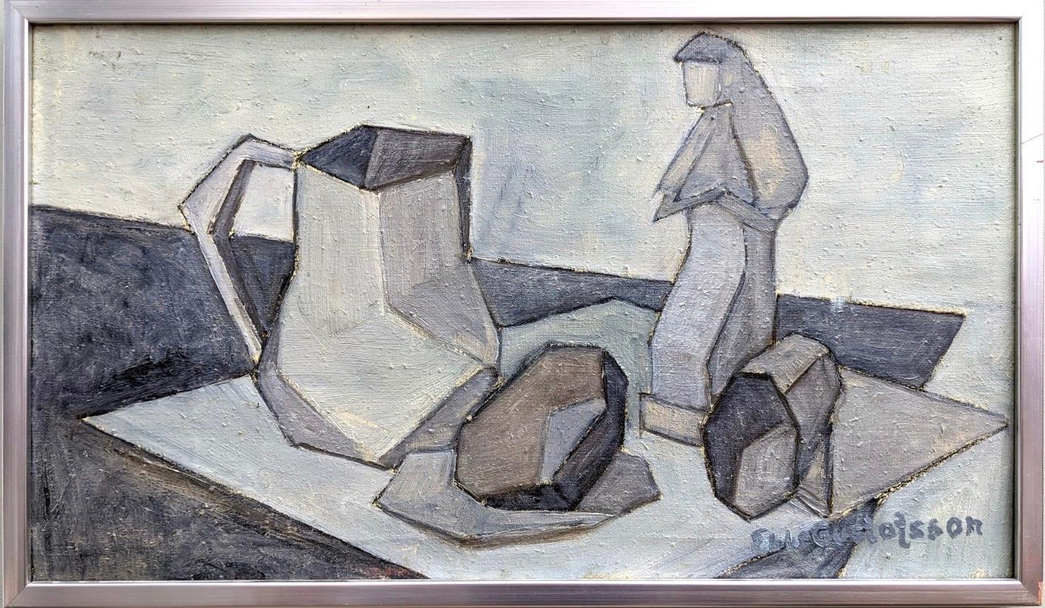 Nature morte suédoise vintage du milieu du siècle dernier, peinture à l'huile, encadrée - Monochroma