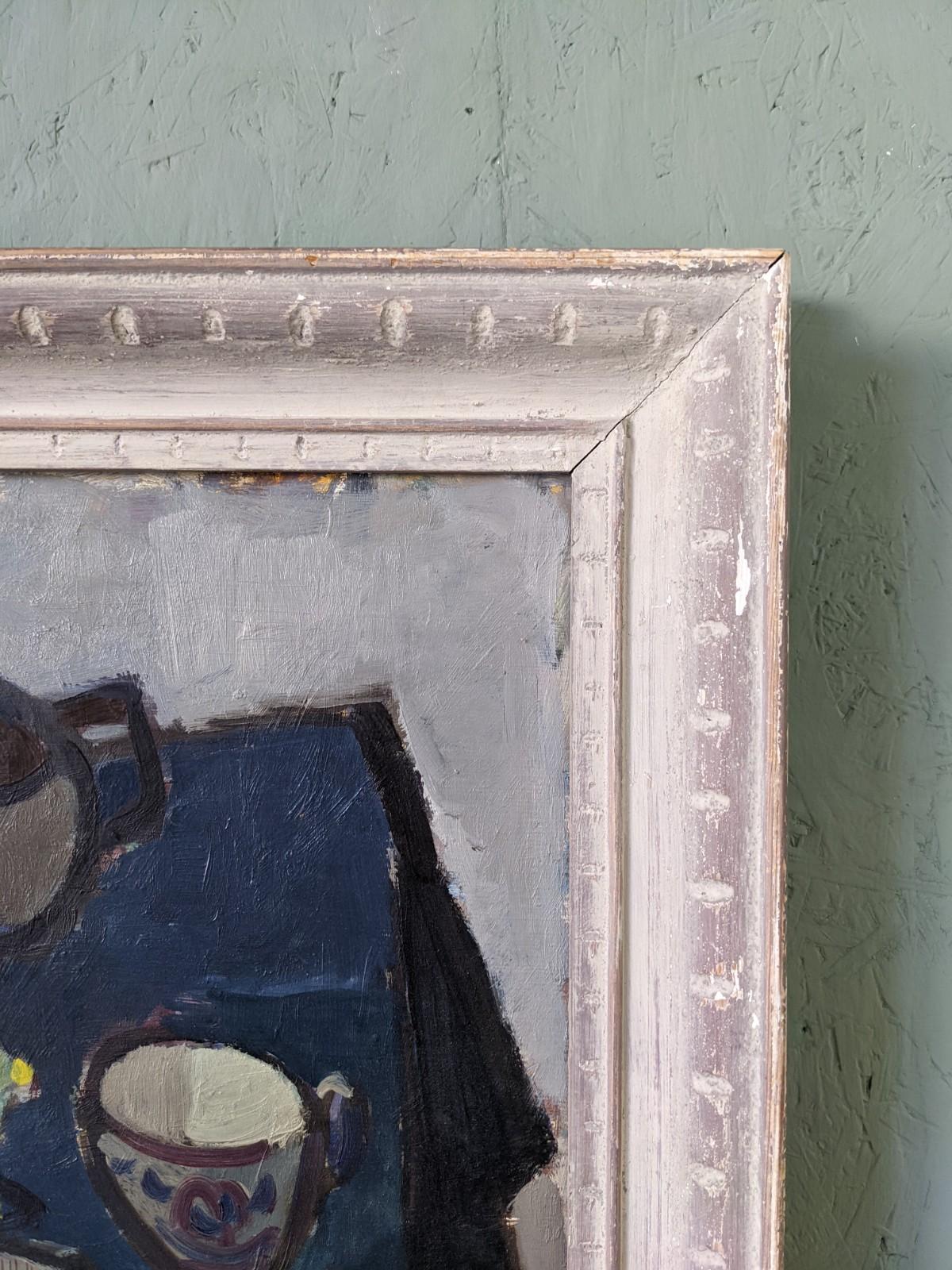 Pittura ad olio di una natura morta svedese della metà del secolo scorso, incorniciata - Teiera e limone 7
