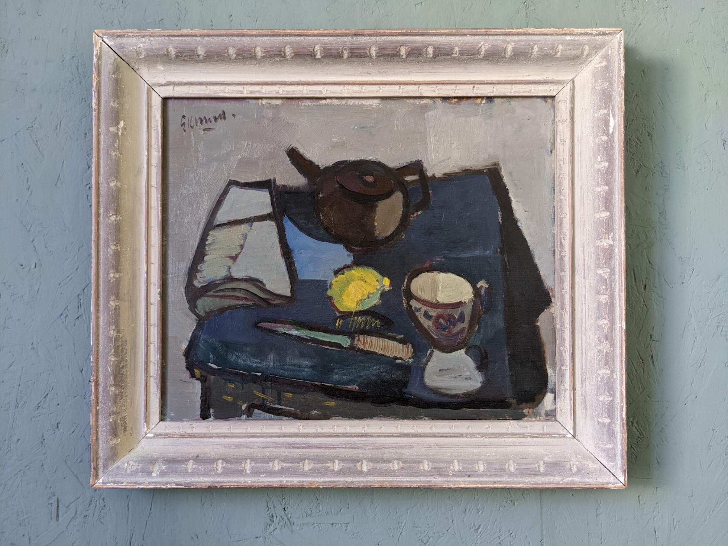Pittura ad olio di una natura morta svedese della metà del secolo scorso, incorniciata - Teiera e limone - Painting di Unknown