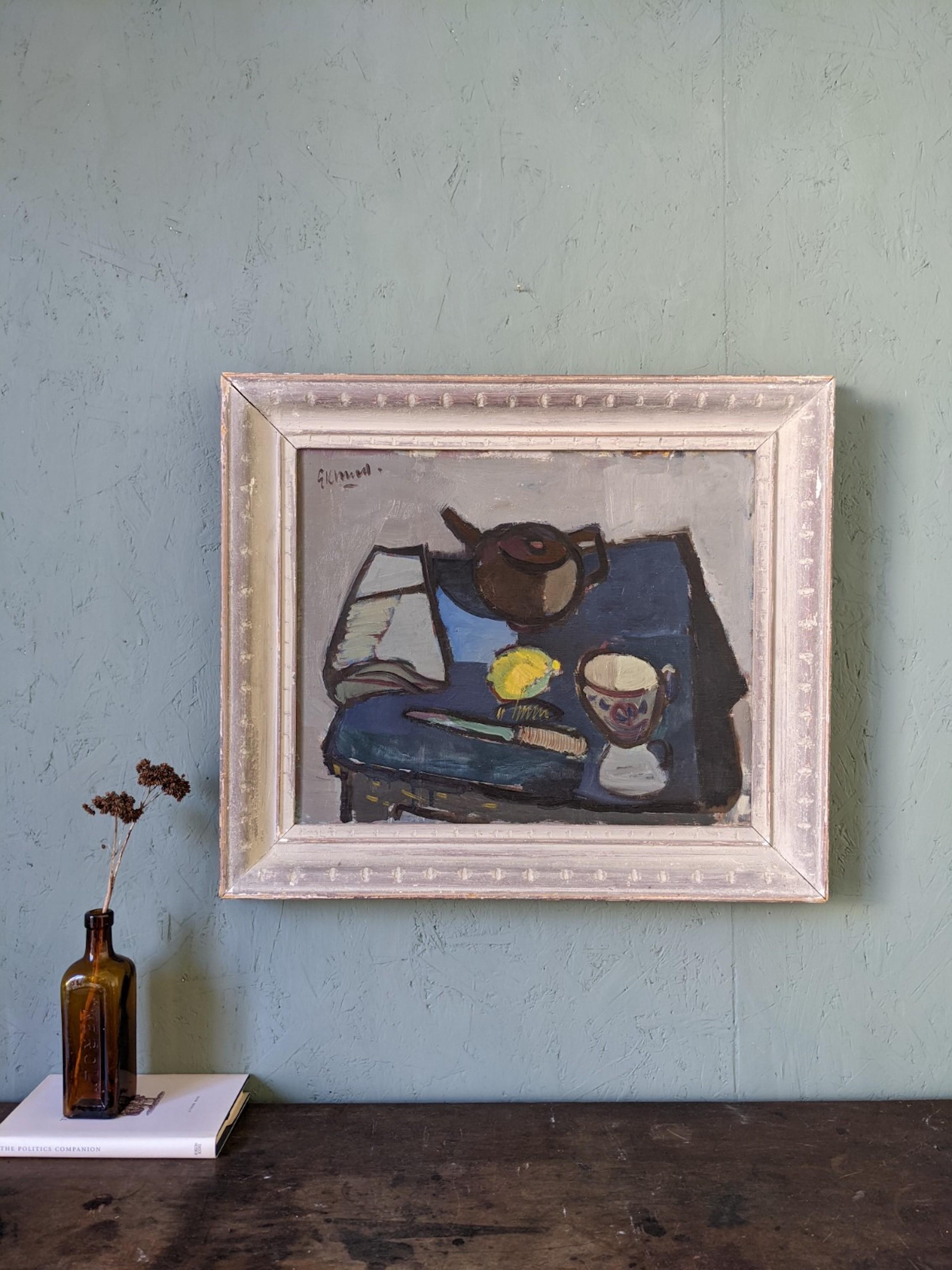 Pittura ad olio di una natura morta svedese della metà del secolo scorso, incorniciata - Teiera e limone - Painting Moderno di Unknown