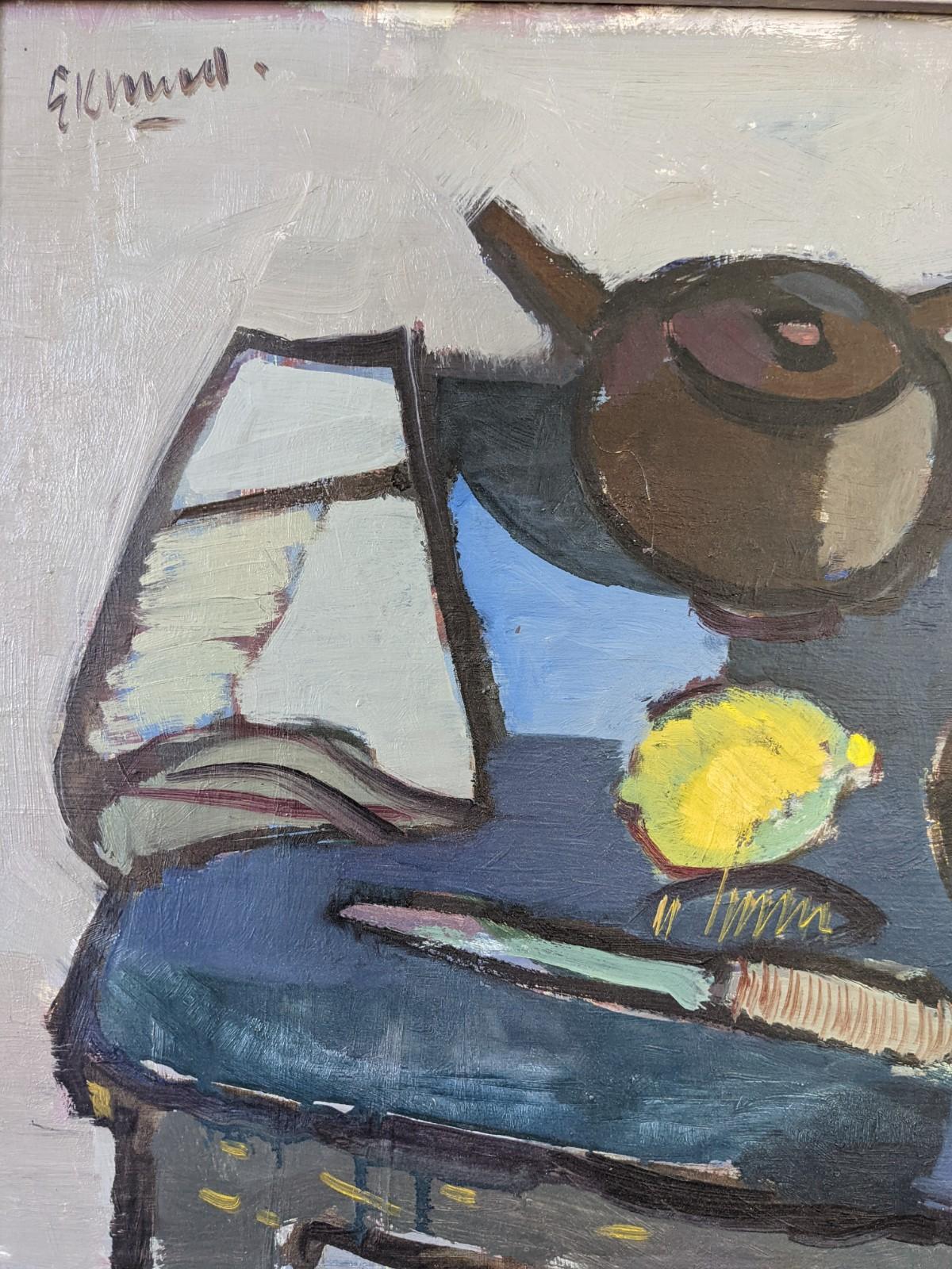 Pittura ad olio di una natura morta svedese della metà del secolo scorso, incorniciata - Teiera e limone 1