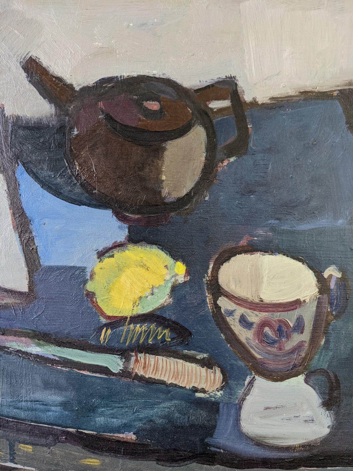 Pittura ad olio di una natura morta svedese della metà del secolo scorso, incorniciata - Teiera e limone 2
