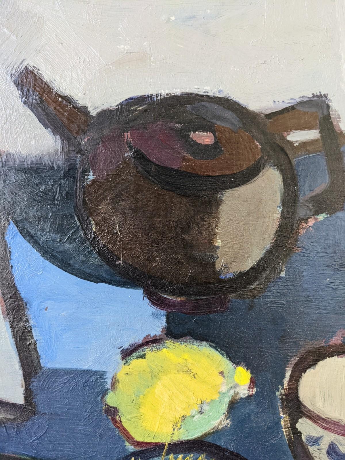 Pittura ad olio di una natura morta svedese della metà del secolo scorso, incorniciata - Teiera e limone 4