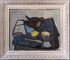 Vintage Mid Century Swedish Still Life Oil Painting, Framed - Teapot & Lemon