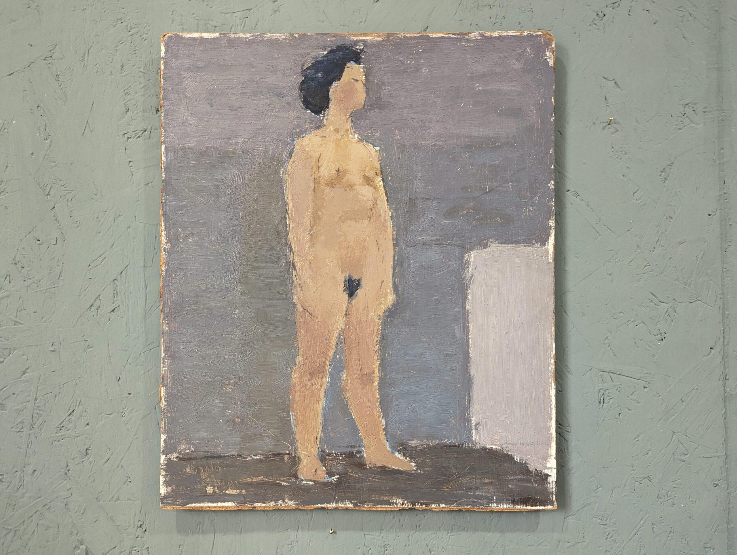 Vintage Mid-Century Swedish Unframed Figurative Oil Painting - Nude by Lavender - Gray Nude Painting by Unknown