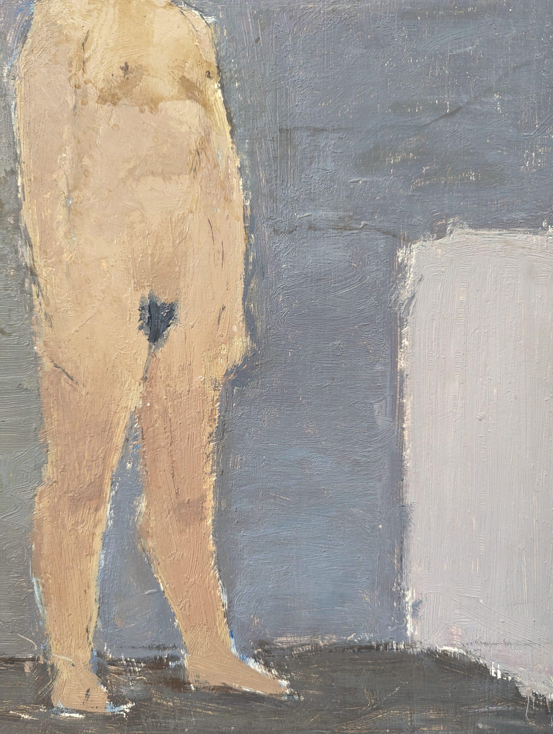 NUDE BY LAVENDER
Size: 40.5 x 33.5 cm
Oil on board

A gentle and emotive mid-century vintage oil portrait, executed in oil onto board and dated 1943-1946 on reverse.

A standing nude figure takes center stage in the composition, as she stands with