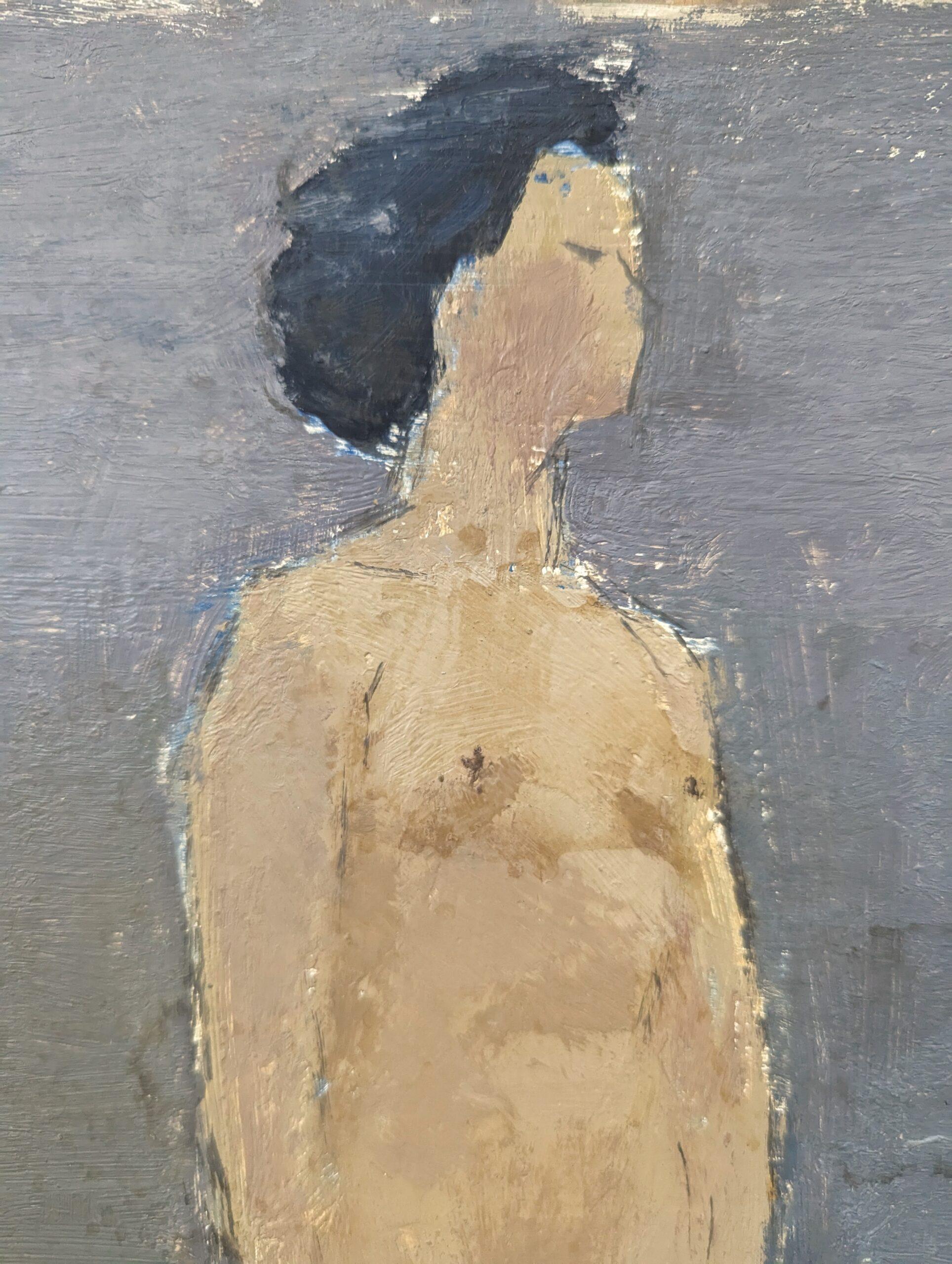 Schwedisches ungerahmtes figuratives Vintage-Ölgemälde, Mid-Century, Mid-Century Vintage, Nude von Lavender (Grau), Nude Painting, von Unknown