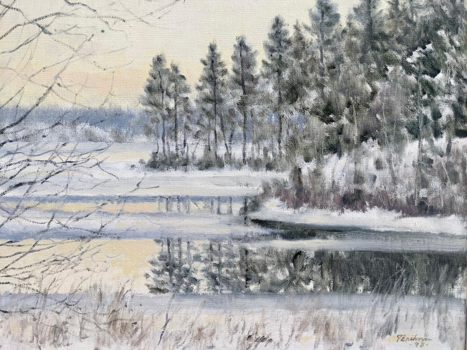 Vintage Mid-Century Winter Landscape Oil Painting - Crisp - Gray Landscape Painting by Unknown