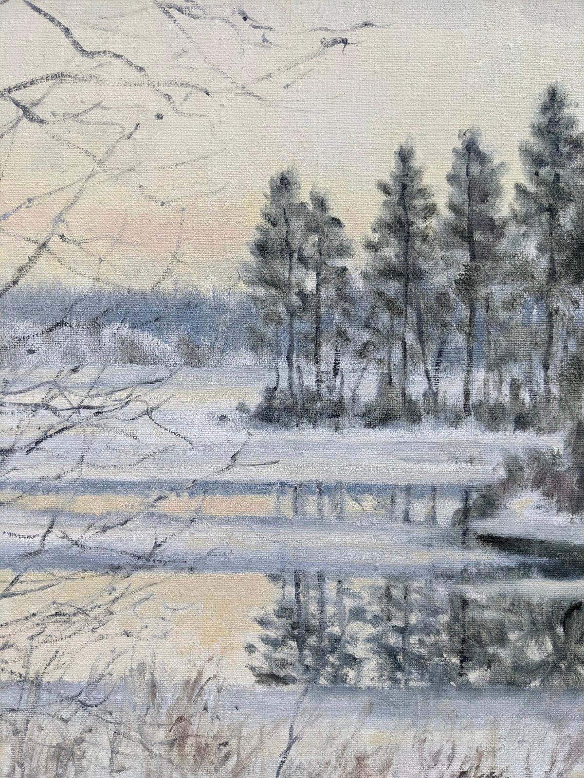 CRISP
Size: 46.5 x 54.5 cm (including frame)
Oil on canvas

A captivating and serene winter landscape, executed in oil in 1998.

In this snow-filled composition, a lush forest is depicted beside a semi-frozen lake in the early morning of the day. 