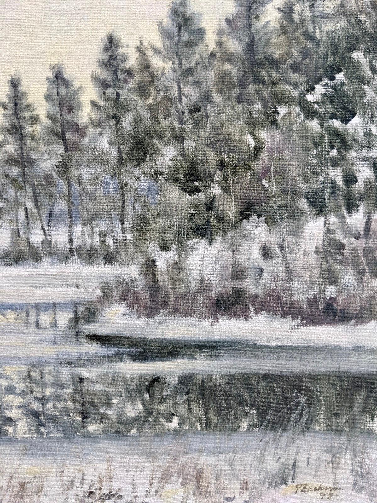 Vintage Mid-Century Winter Landscape Oil Painting - Crisp For Sale 1