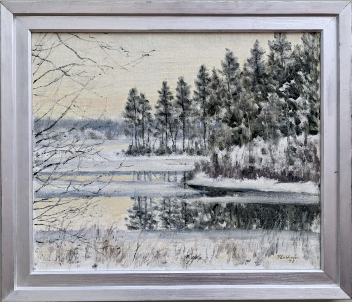 Peinture à l'huile vintage de paysage d'hiver du milieu du siècle dernier - Éclairage