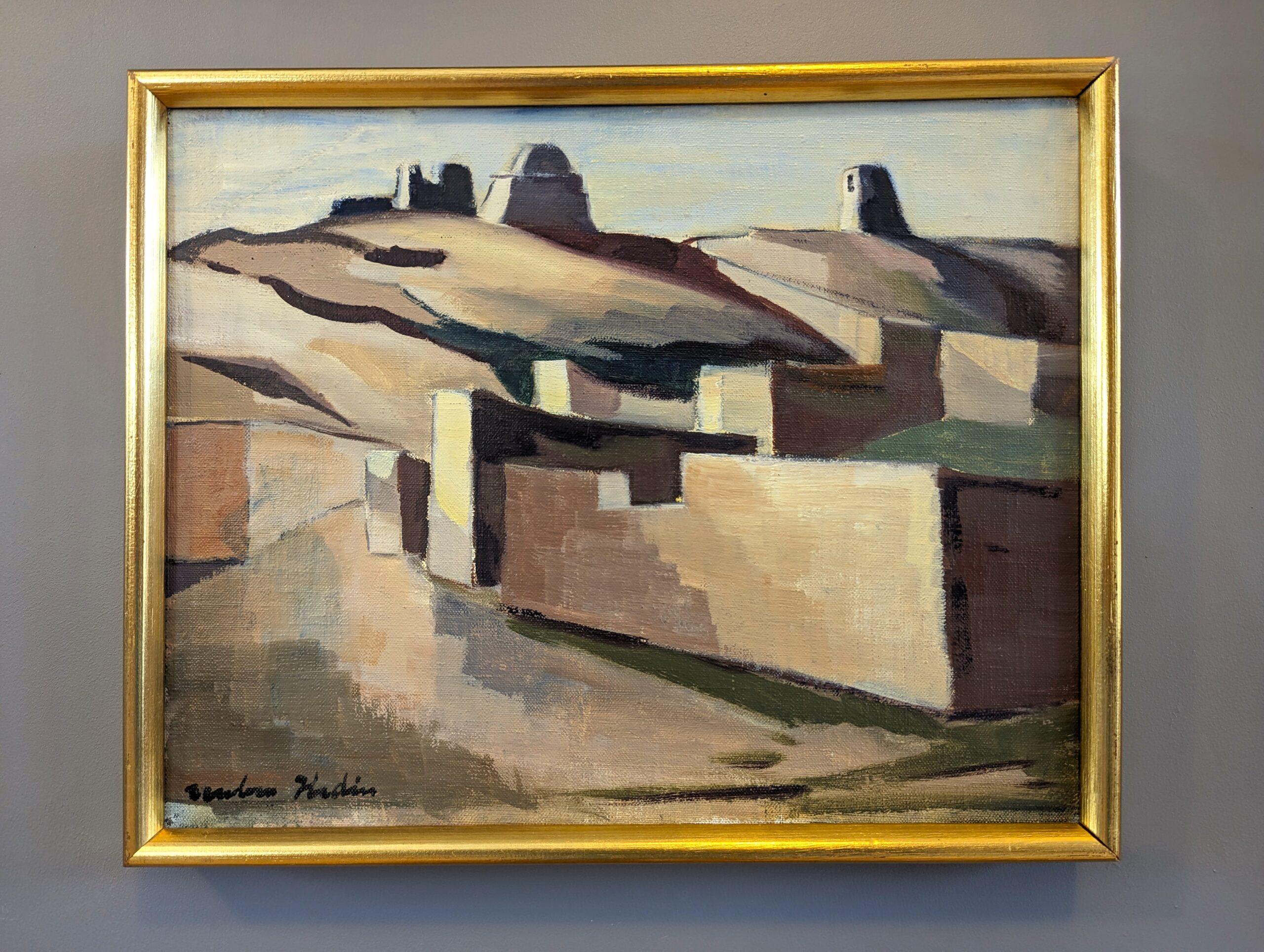 DESERT LANDS
Size: 29 x 36 cm (including frame)
Oil on Canvas Board

A very well executed mid century modernist landscape composition, painted in oil onto canvas board.

This painting features warm earthy tones, carefully applied brushwork and a