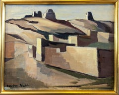 Vintage Mini Mid-Century Modern Landscape Framed Oil Painting - Desert Lands