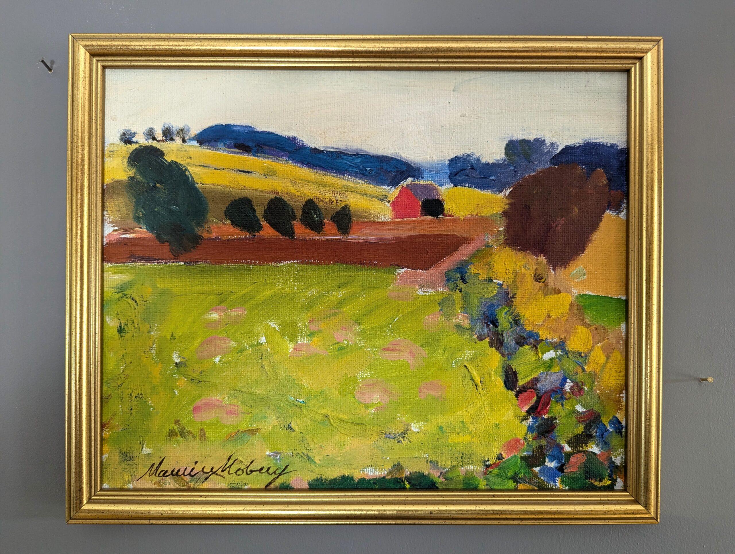 Vintage Mini Mid-Century Modern Landscape Framed Oil Painting - Fresh Fields - Brown Landscape Painting by Unknown