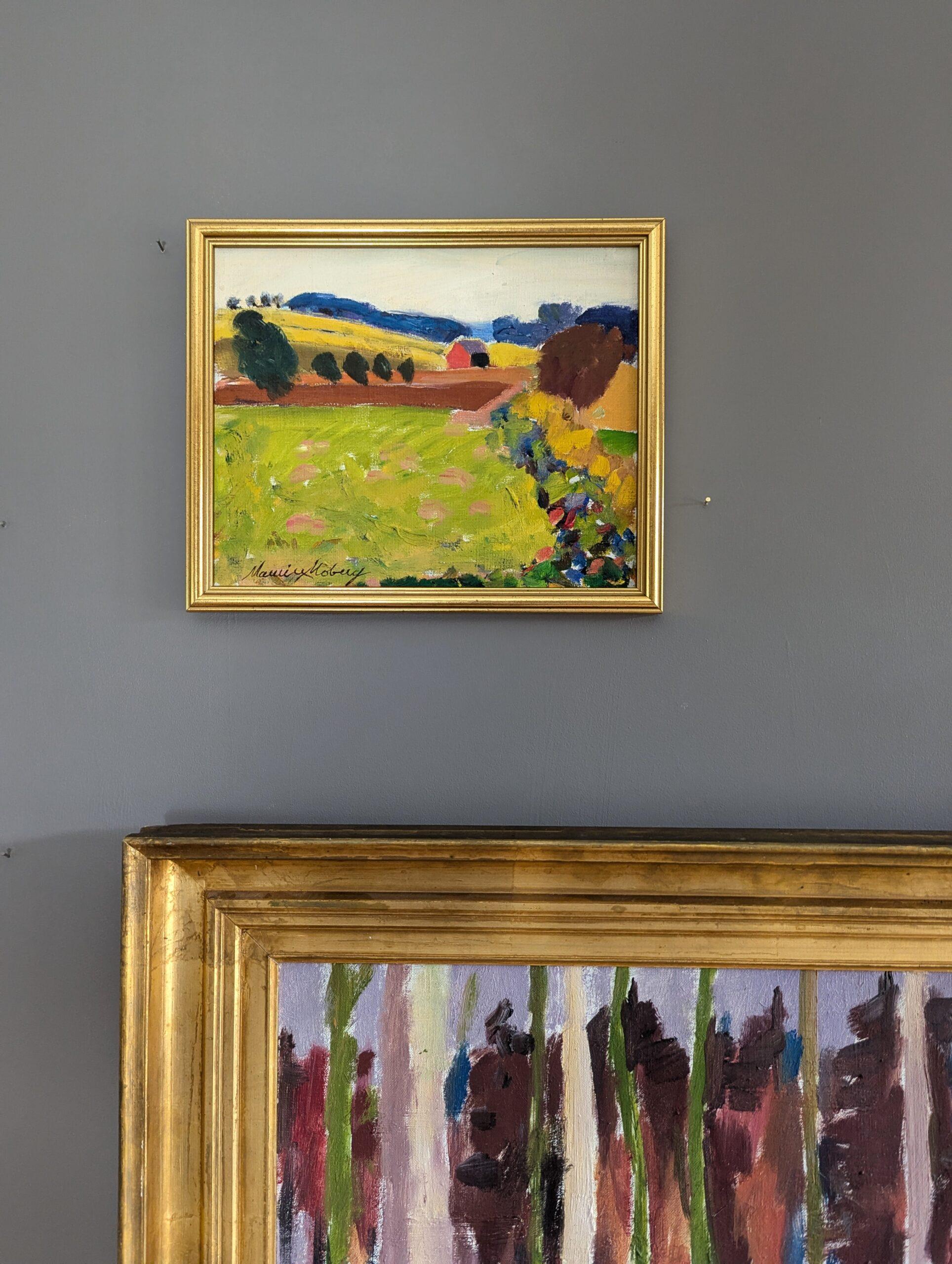 FRESH FIELDS
Size: 24 x 29 cm (including frame)
Oil on Board

A lively mid-century post-impressionist landscape composition, executed in oil onto board.

Small yet impactful, the painting showcases a vibrant and abstracted depiction of nature, where
