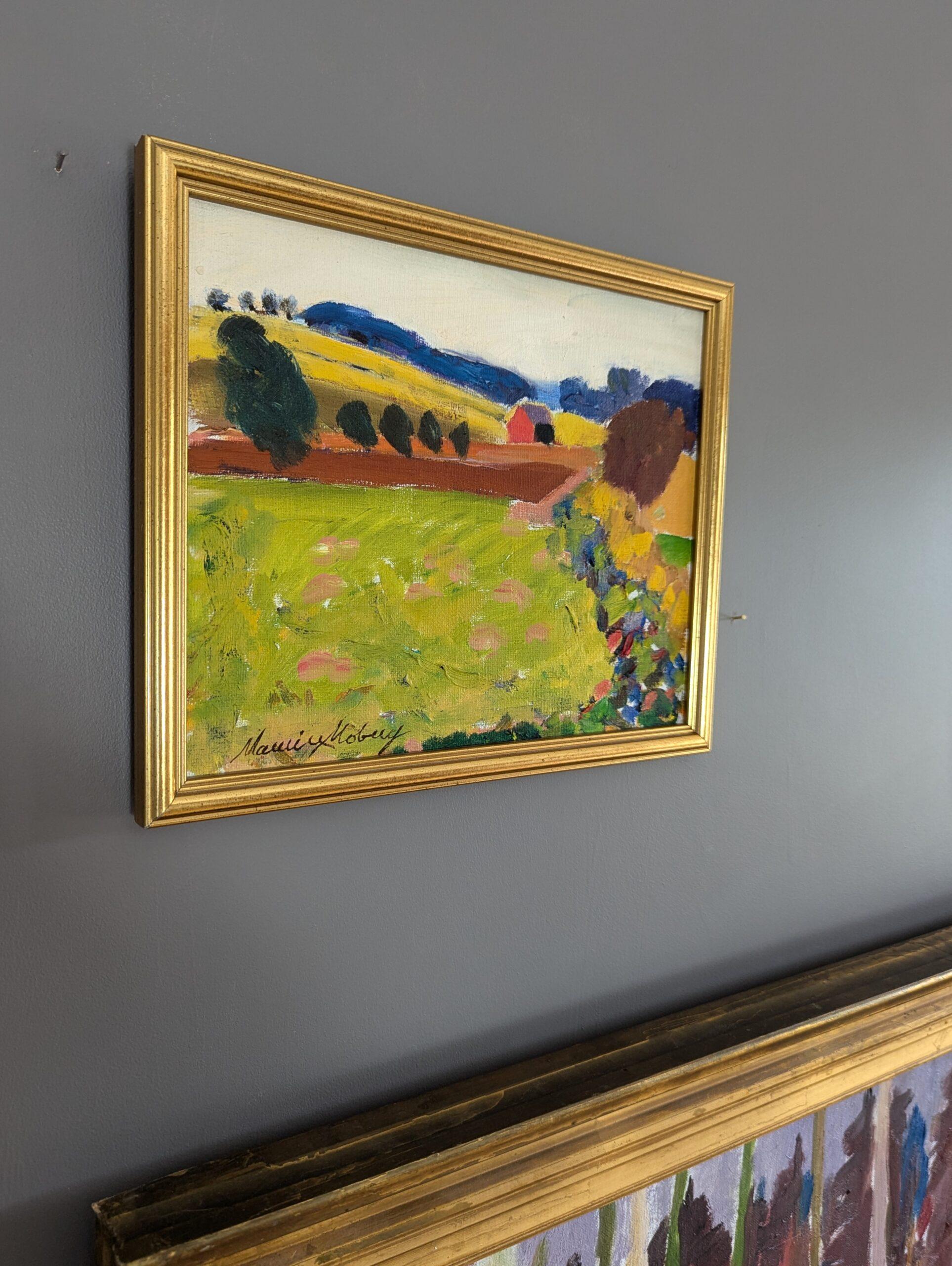 Vintage Mini Mid-Century Modern Landscape Framed Oil Painting - Fresh Fields For Sale 3
