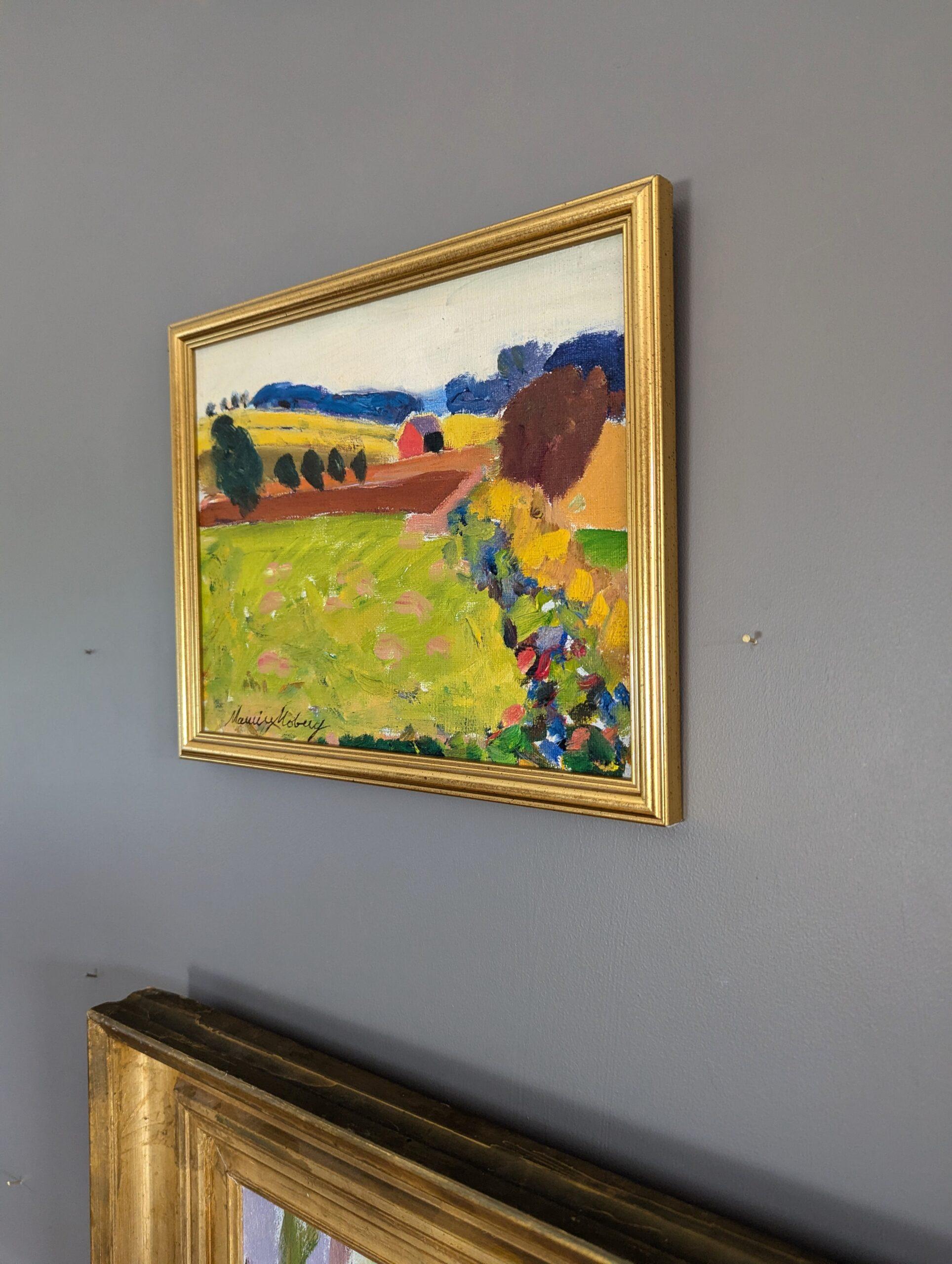 Vintage Mini Mid-Century Modern Landscape Framed Oil Painting - Fresh Fields For Sale 4